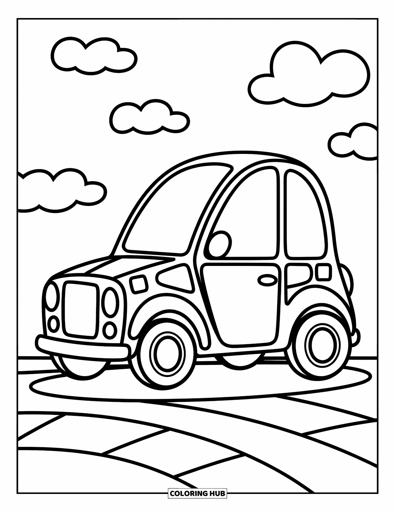 Geometric Coloring Page for Kids: Whimsical car with big wheels and fun shapes brings out joyful energy
