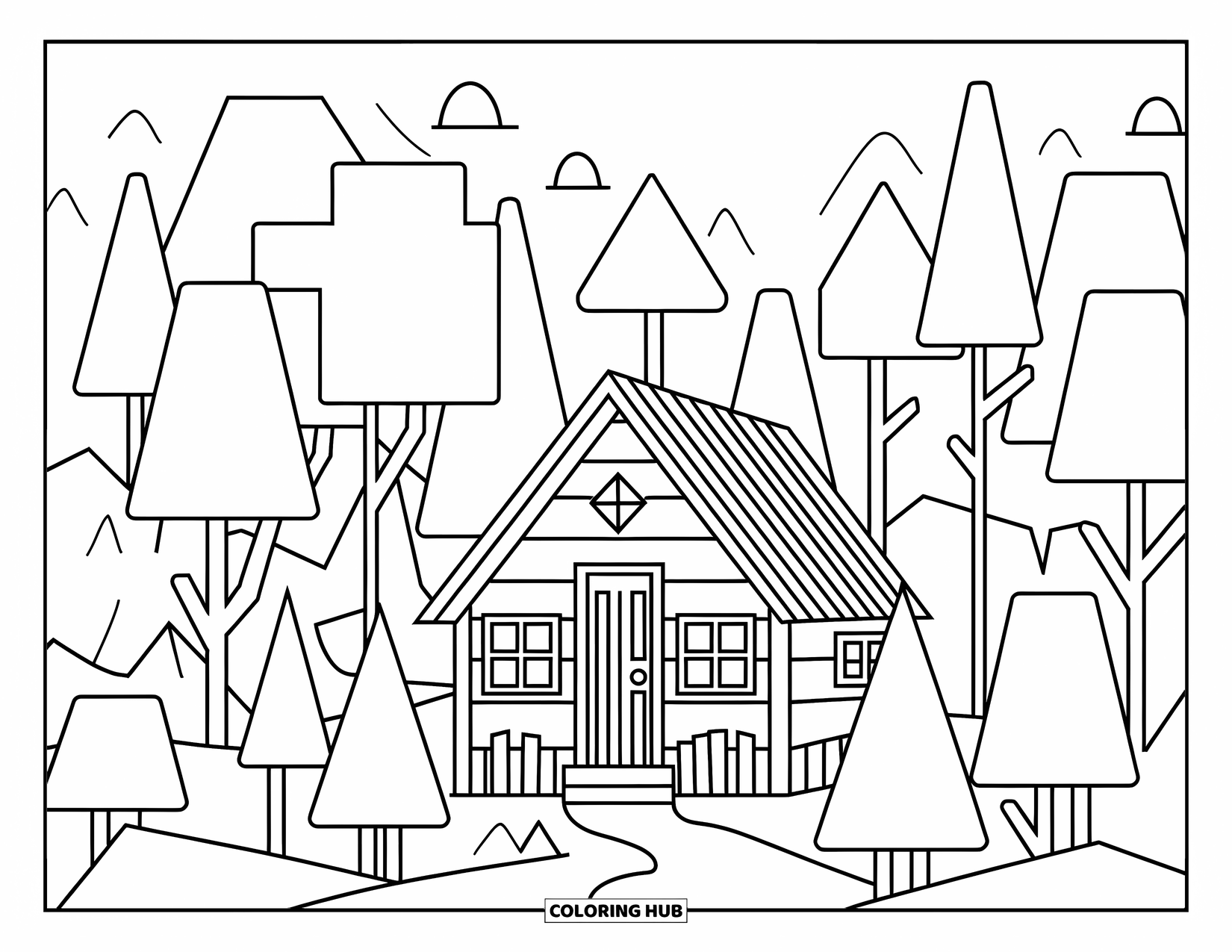 Geometric Coloring Page for Kids: Whimsical trees surround a little cabin with open windows and a puffing chimney
