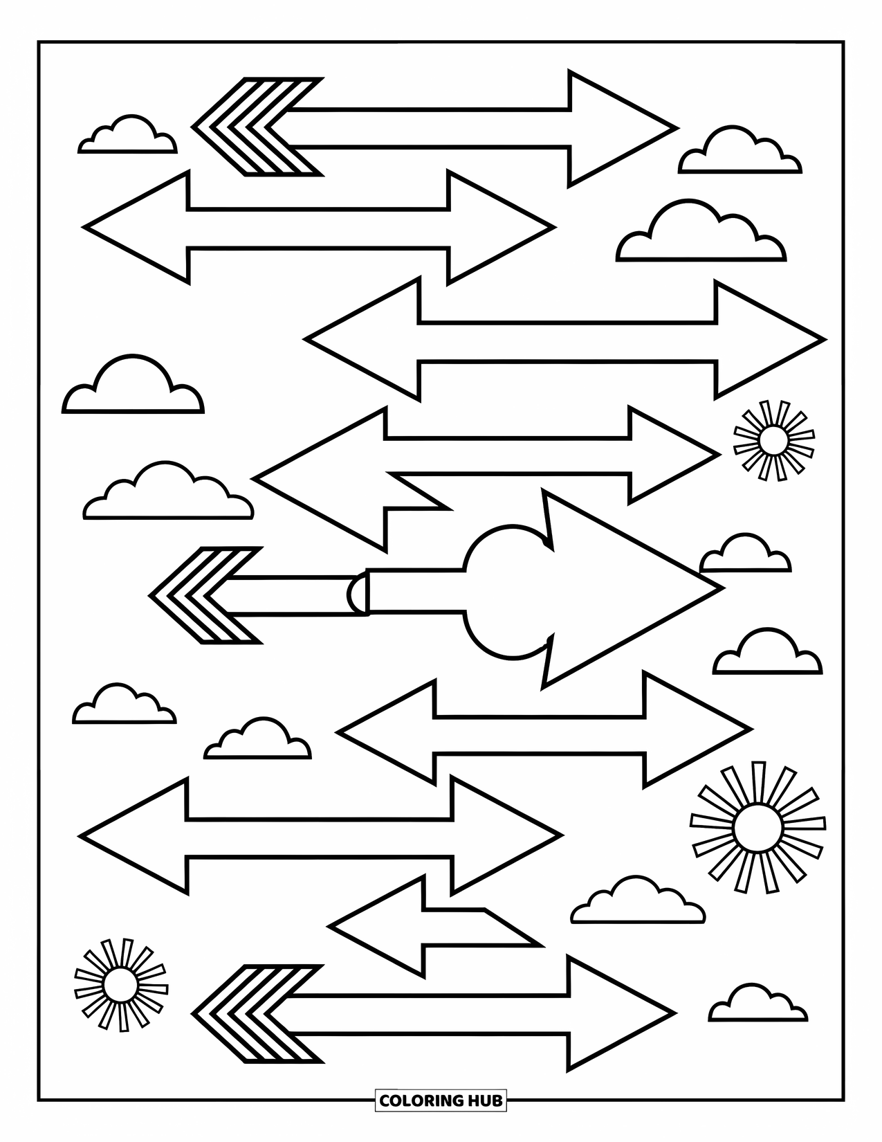 Geometric Coloring Page for Kids: Zigzag pattern dances with clouds and cheerful bursts across the scene