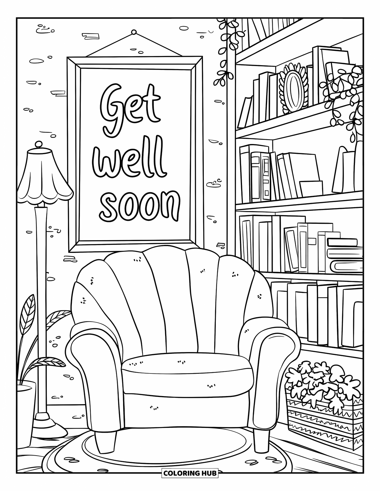Get Well Soon Coloring Page for Adults: A comfy chair, framed quote, and leafy shelf offer peace