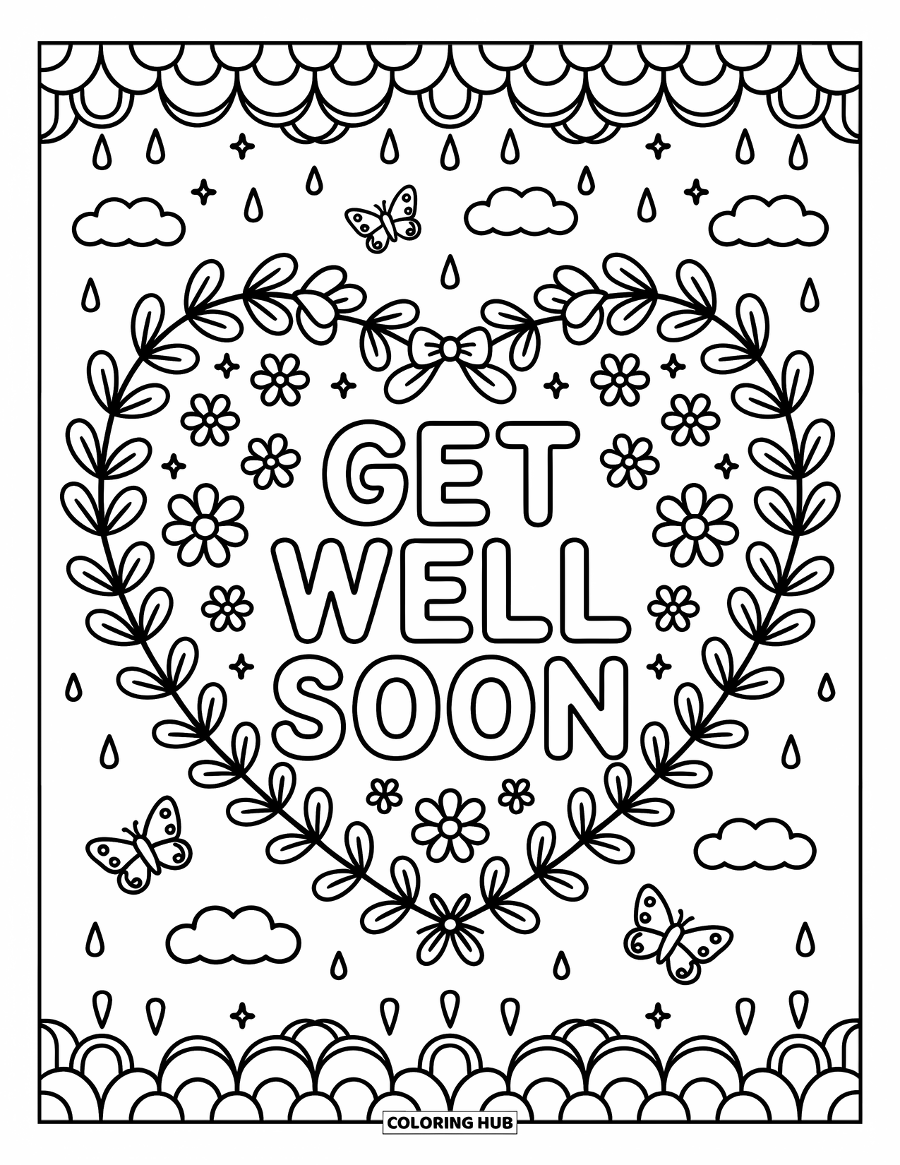 Get Well Soon Coloring Page for Adults: A heart-shaped floral wreath filled with clouds, bows, and butterflies frames kind wishes
