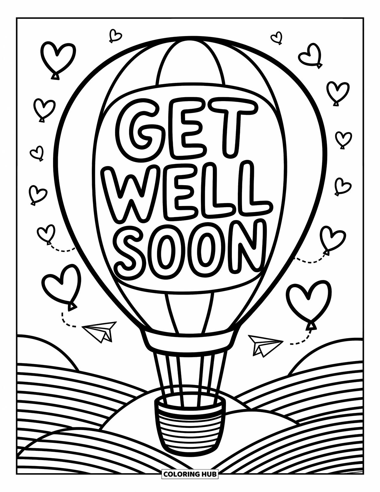 Get Well Soon Coloring Page for Adults: A sky-high balloon with birds and hearts delivers a playful get-well message