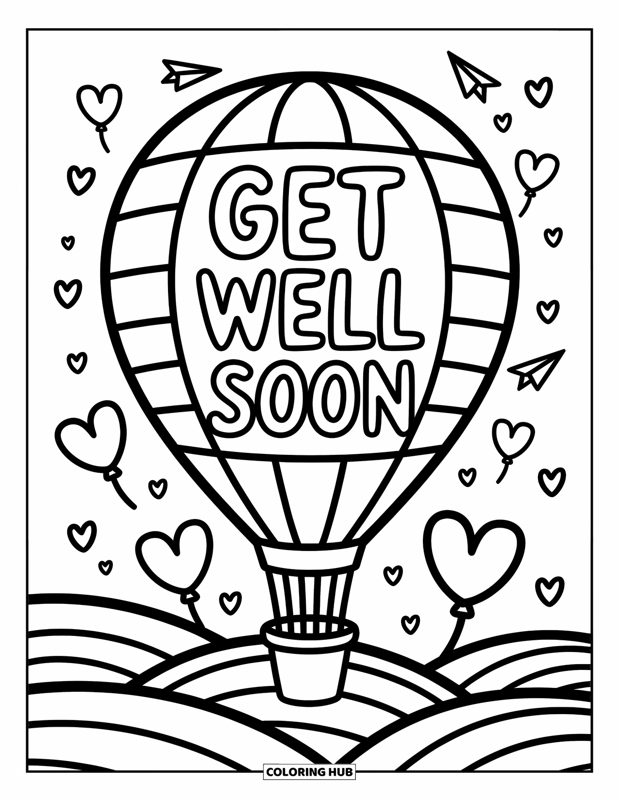Get Well Soon Coloring Page for Adults: Balloon ride full of birds and paper planes lifts a loving message