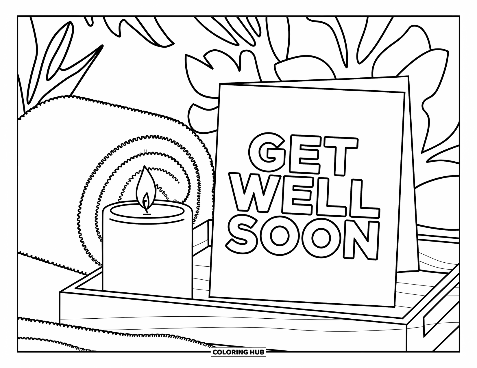 Get Well Soon Coloring Page for Adults: Candlelit tray and plants create a calming spa corner