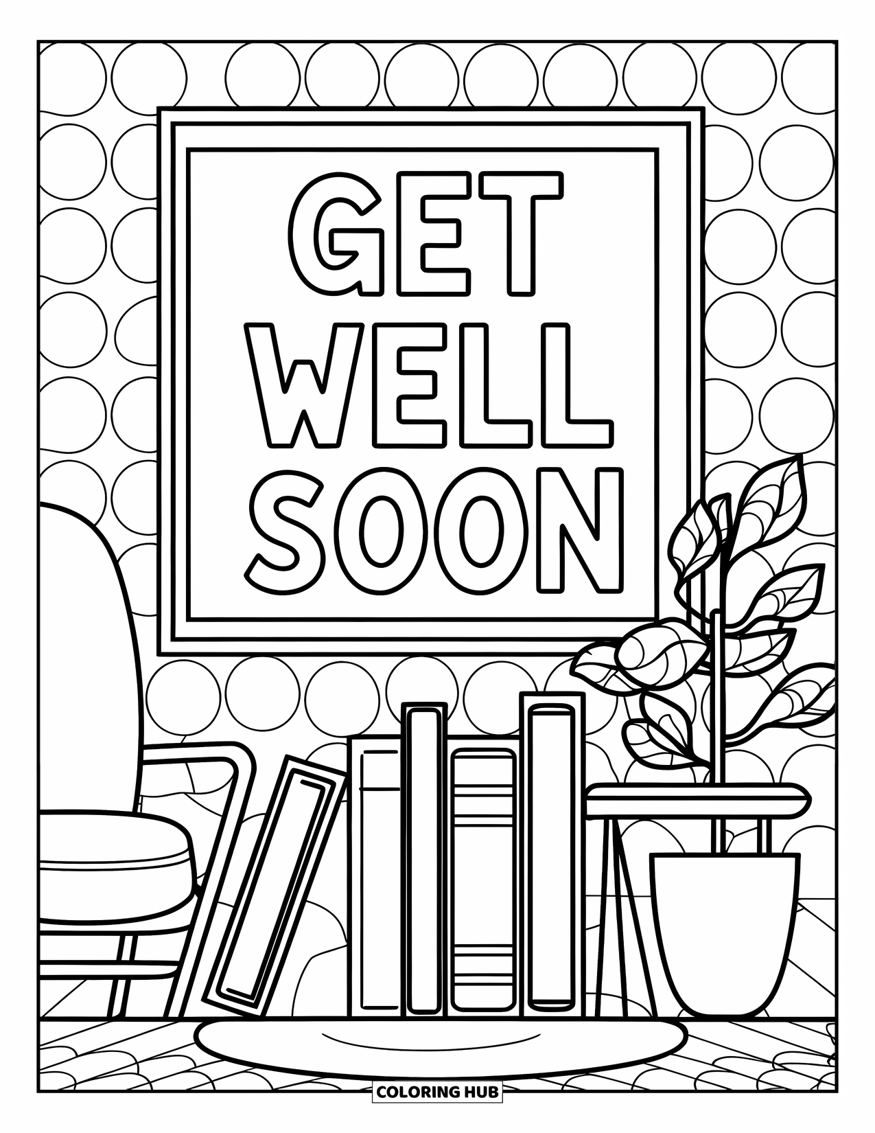 Get Well Soon Coloring Page for Adults: Charming shelf and lamp accompany thoughtful words in a nook