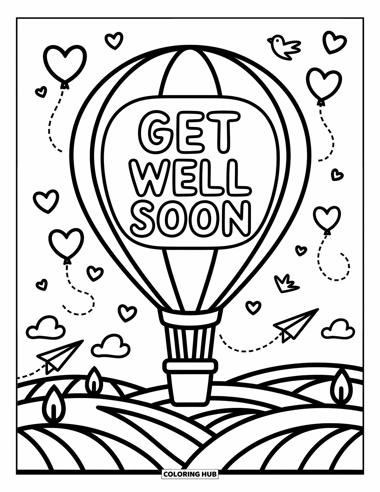 Get Well Soon Coloring Page for Adults: Cozy balloon soars over hills with "Get Well Soon" written on its side