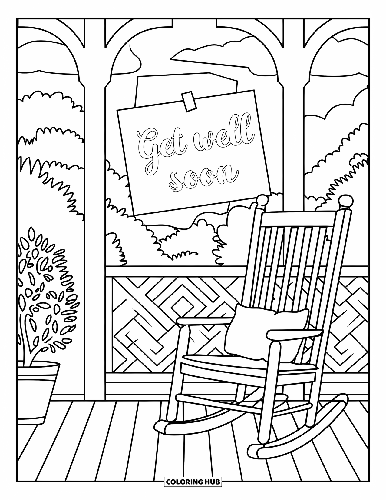 Get Well Soon Coloring Page for Adults: Cushion and woodwork surround a warm fence-side note