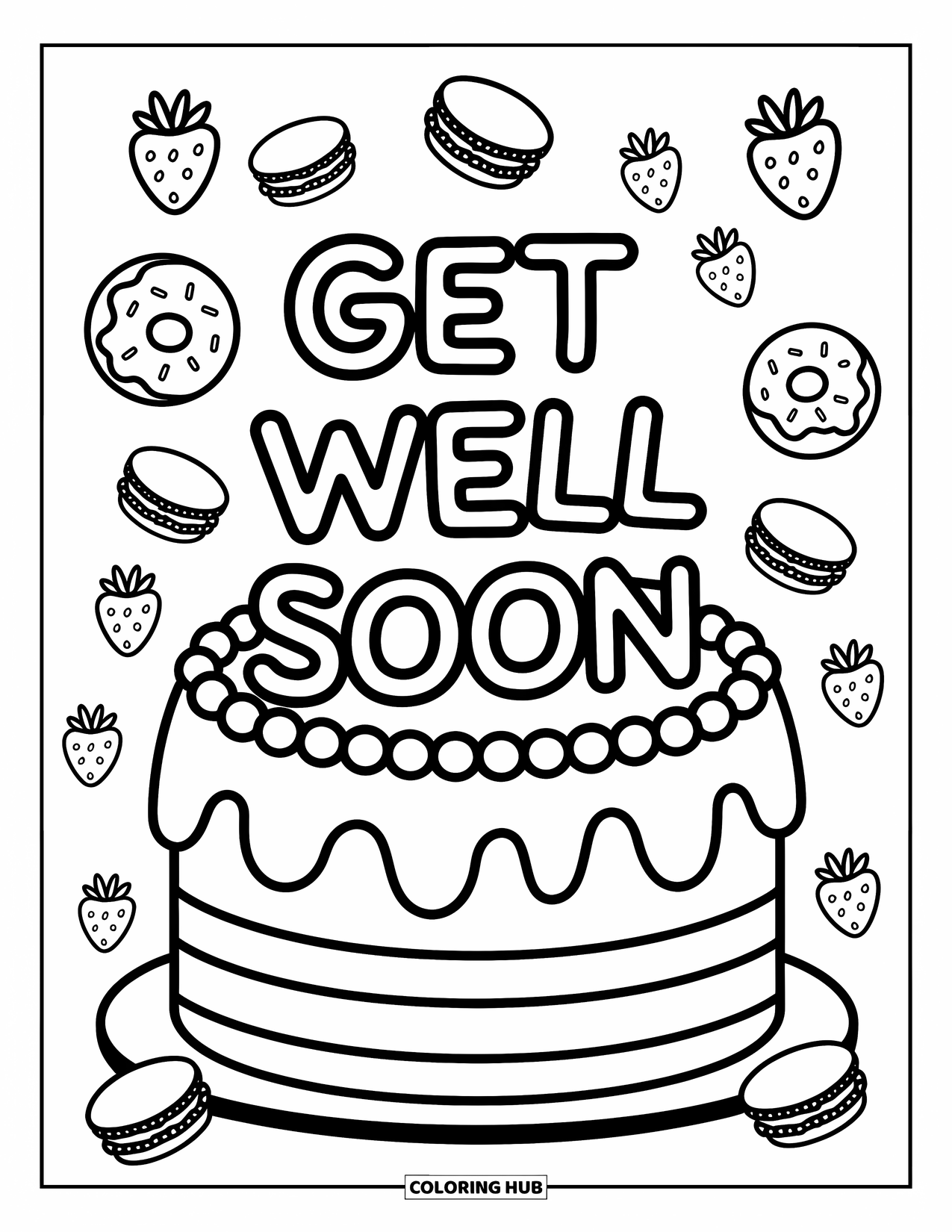 Get Well Soon Coloring Page for Adults: Cute cake with sweets and frosting letters sends warm get-well vibes