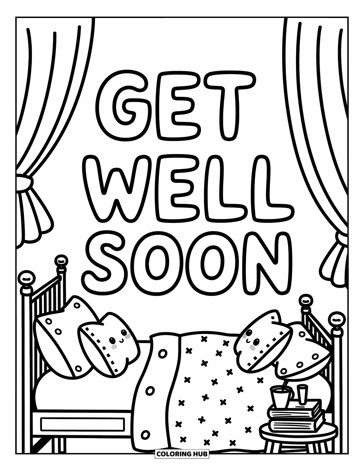 Get Well Soon Coloring Page for Adults: Cute pillows and a tea tray frame a peaceful message