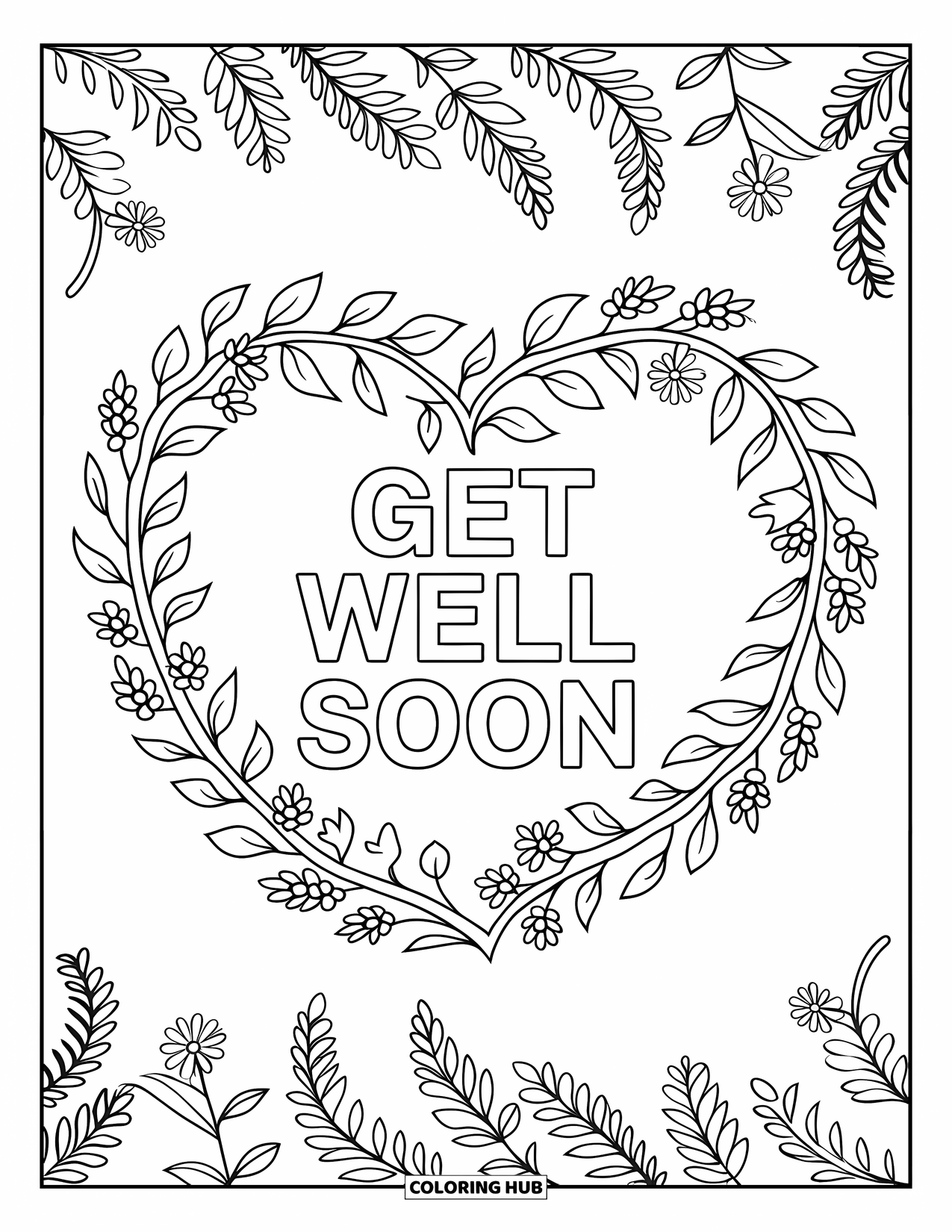 Get Well Soon Coloring Page for Adults: Floral heart and outlined lettering rest on a leafy background