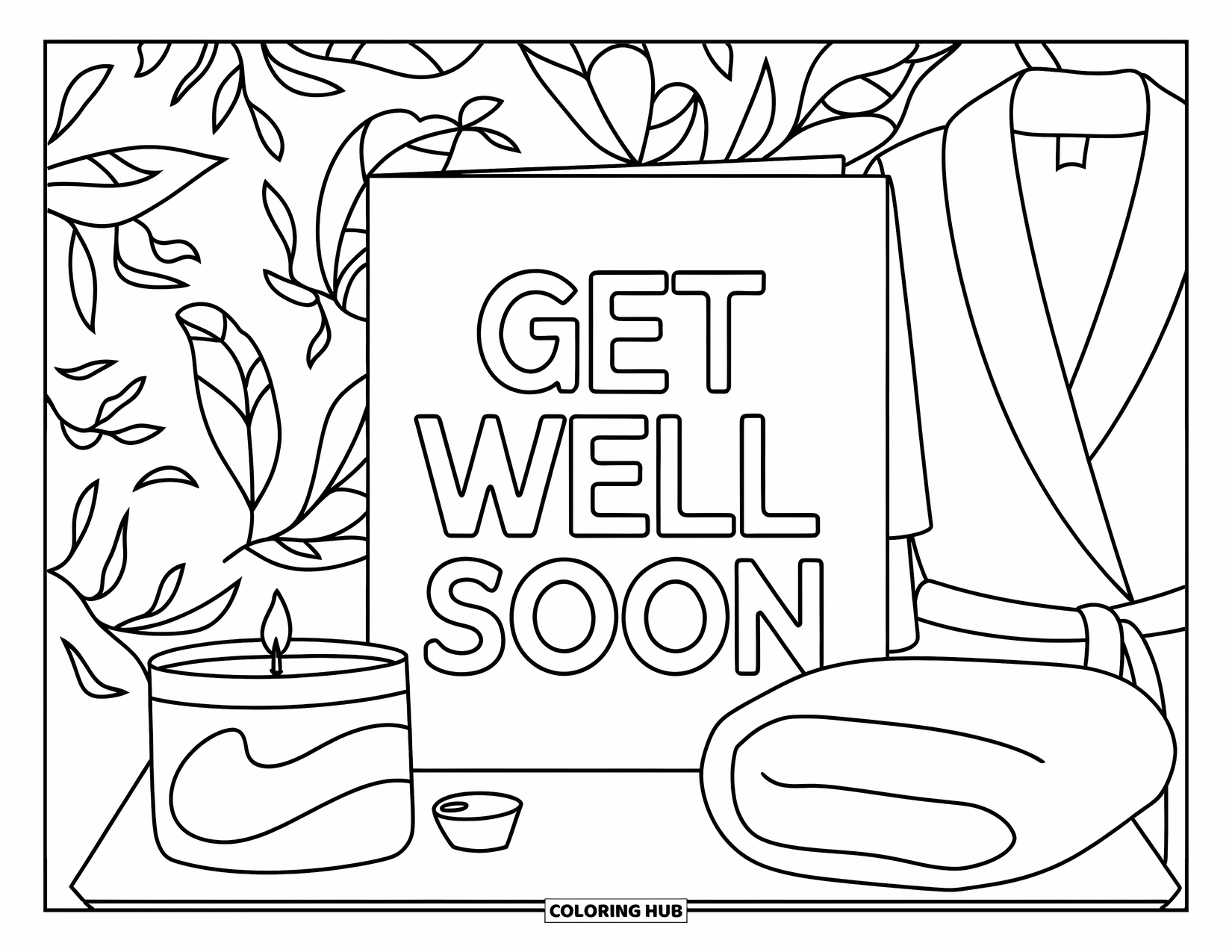 Get Well Soon Coloring Page for Adults: Floral spa table with robe and candle inspires gentle healing