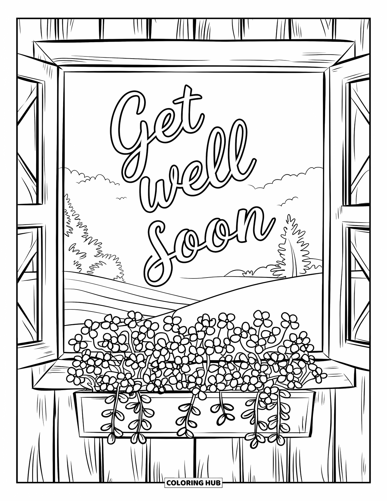 Get Well Soon Coloring Page for Adults: Framed flowers, wood frame, and hills cradle a loving message
