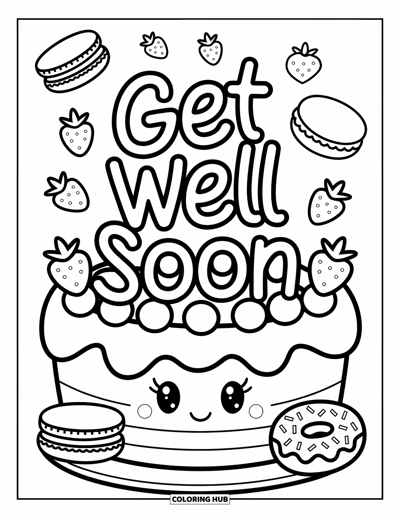 Get Well Soon Coloring Page for Adults: Frosting letters spell "Get Well Soon" atop a giant kawaii cake
