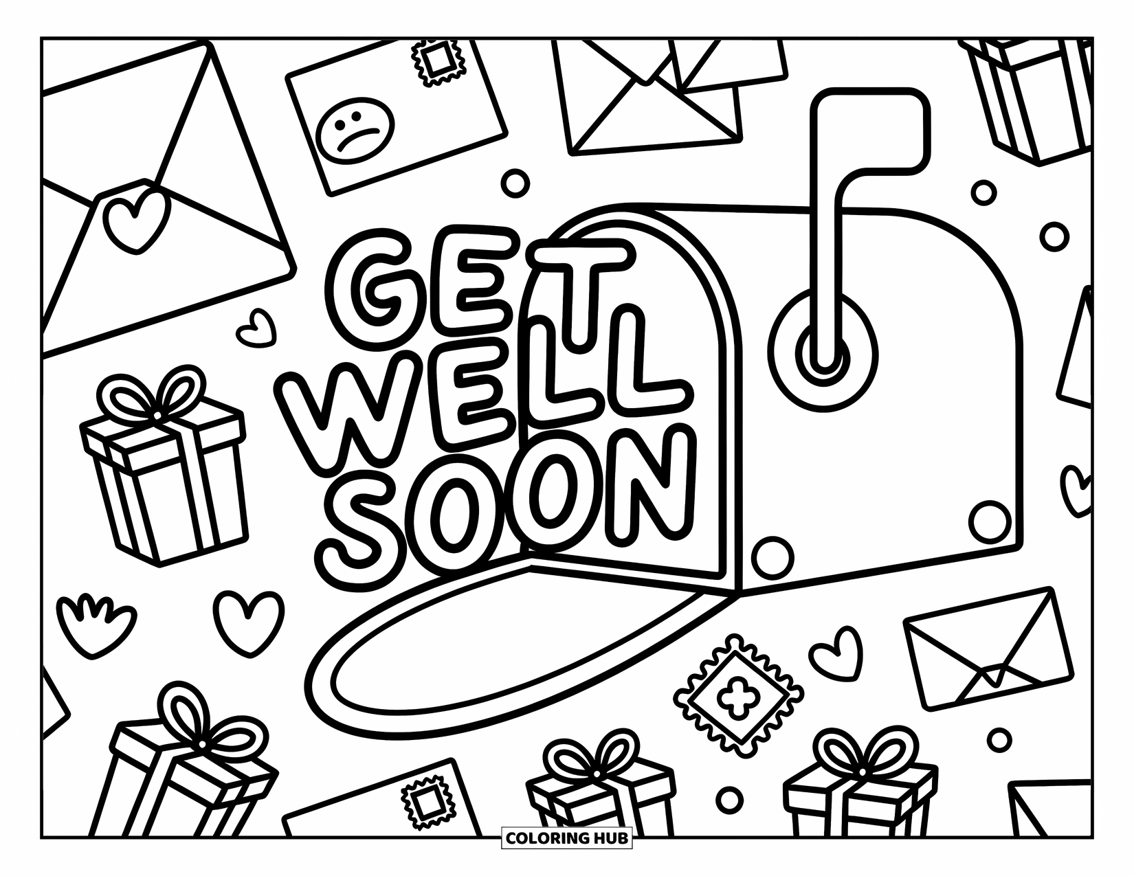 Get Well Soon Coloring Page for Adults: Mailbox spills cheerful letters and a get-well note in a cozy doodle scene