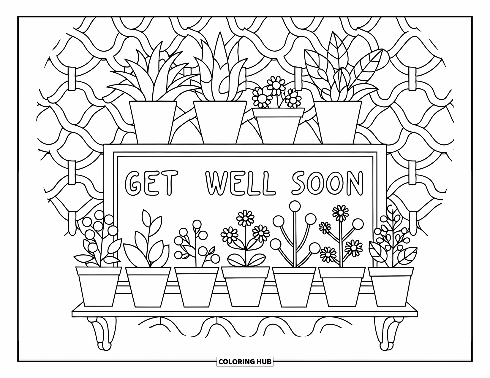 Get Well Soon Coloring Page for Adults: Plant shelf scene with a chalkboard note and a patterned wall