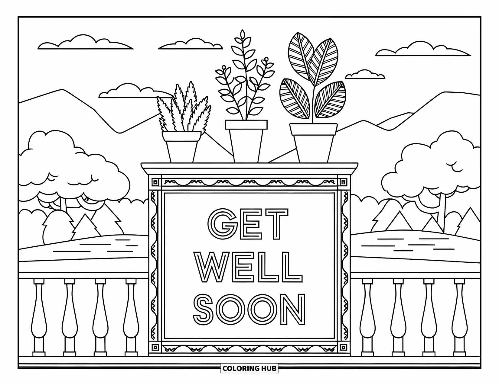 Get Well Soon Coloring Page for Adults: Potted plant shelf under a chalkboard shares a leafy message