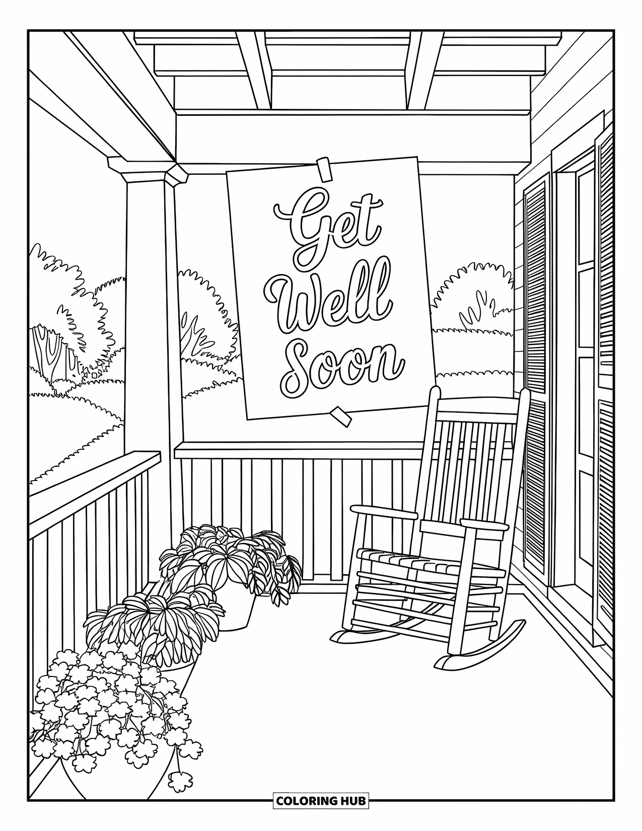 Get Well Soon Coloring Page for Adults: Potted plants, a chair, and a gentle message brighten a porch