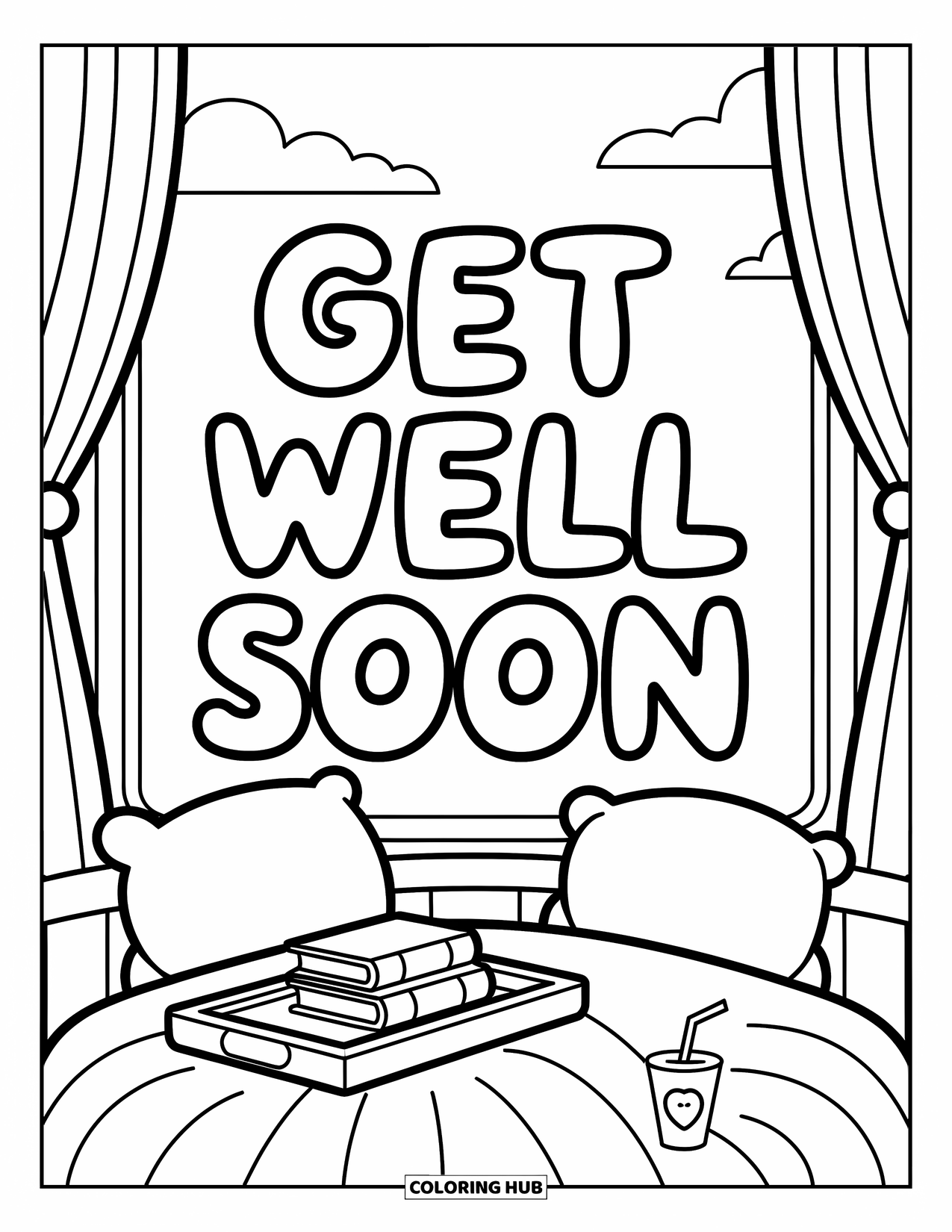 Get Well Soon Coloring Page for Adults: Restful room with books and warmth spells out healing wishes