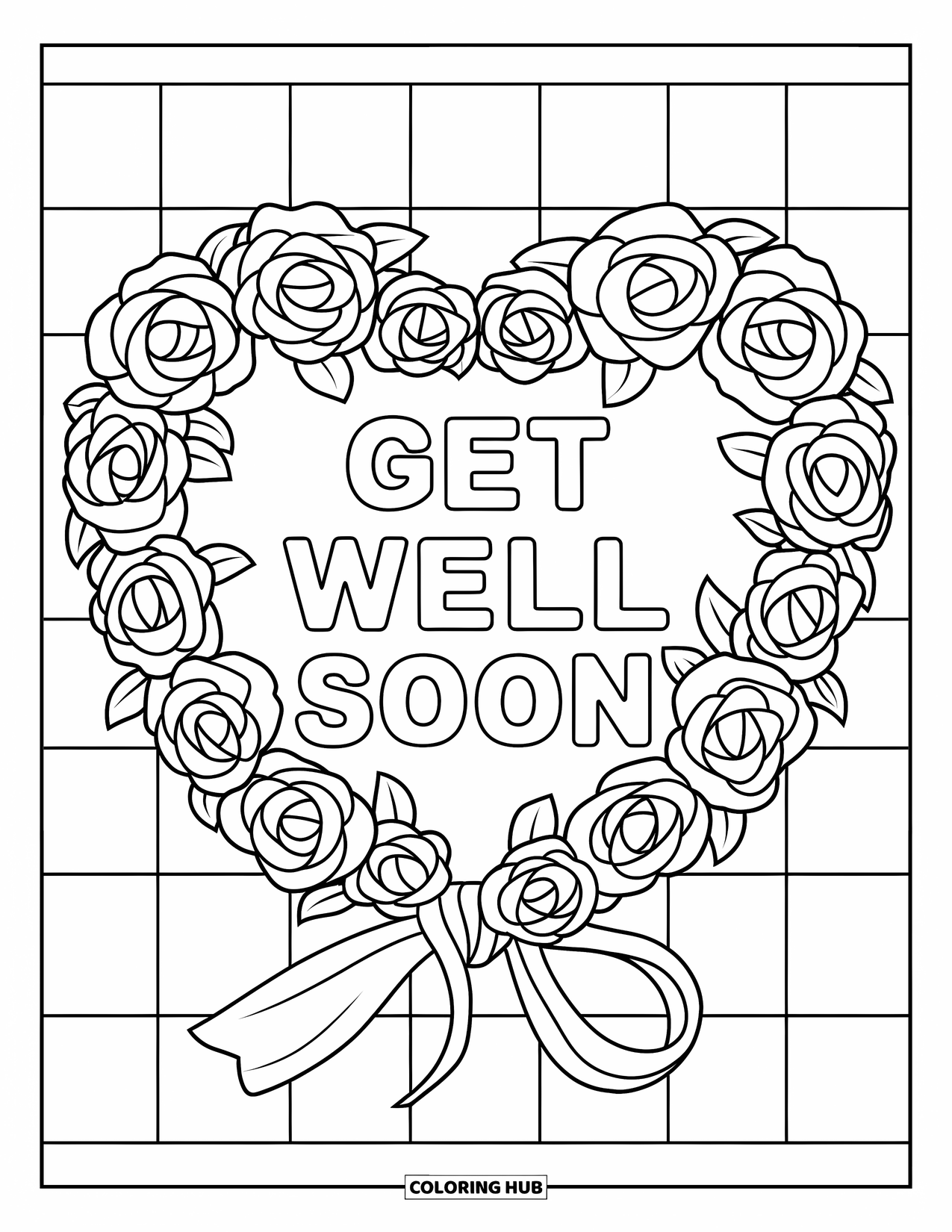 Get Well Soon Coloring Page for Adults: Rose wreath with a ribbon displays loving words