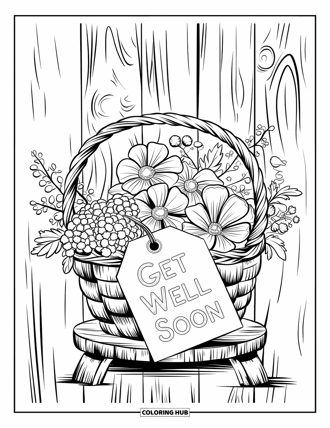 Get Well Soon Coloring Page for Adults: Rustic flower basket on a wooden stand with a sweet healing tag