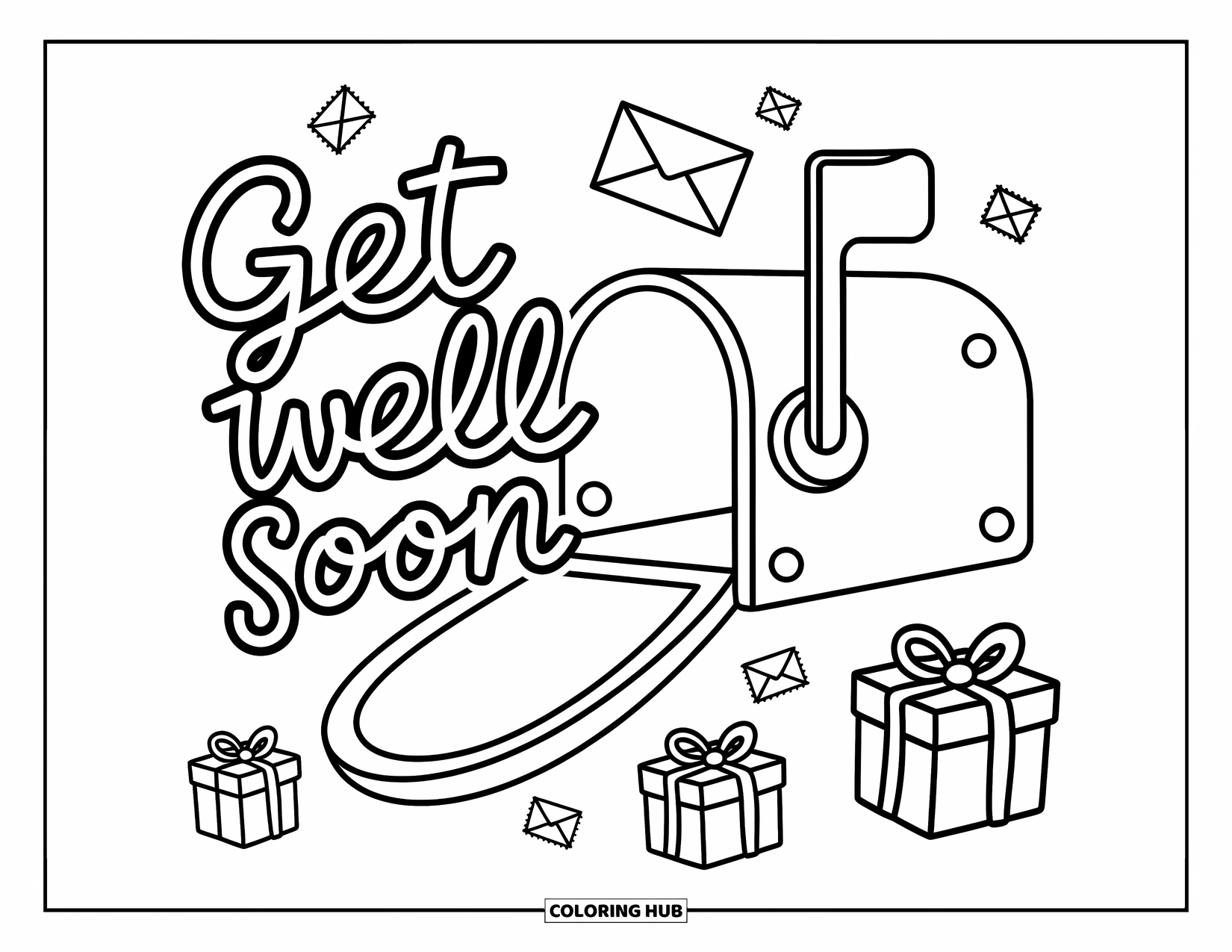 Get Well Soon Coloring Page for Adults: Snail mail cuteness with envelopes and gifts sharing a sweet message