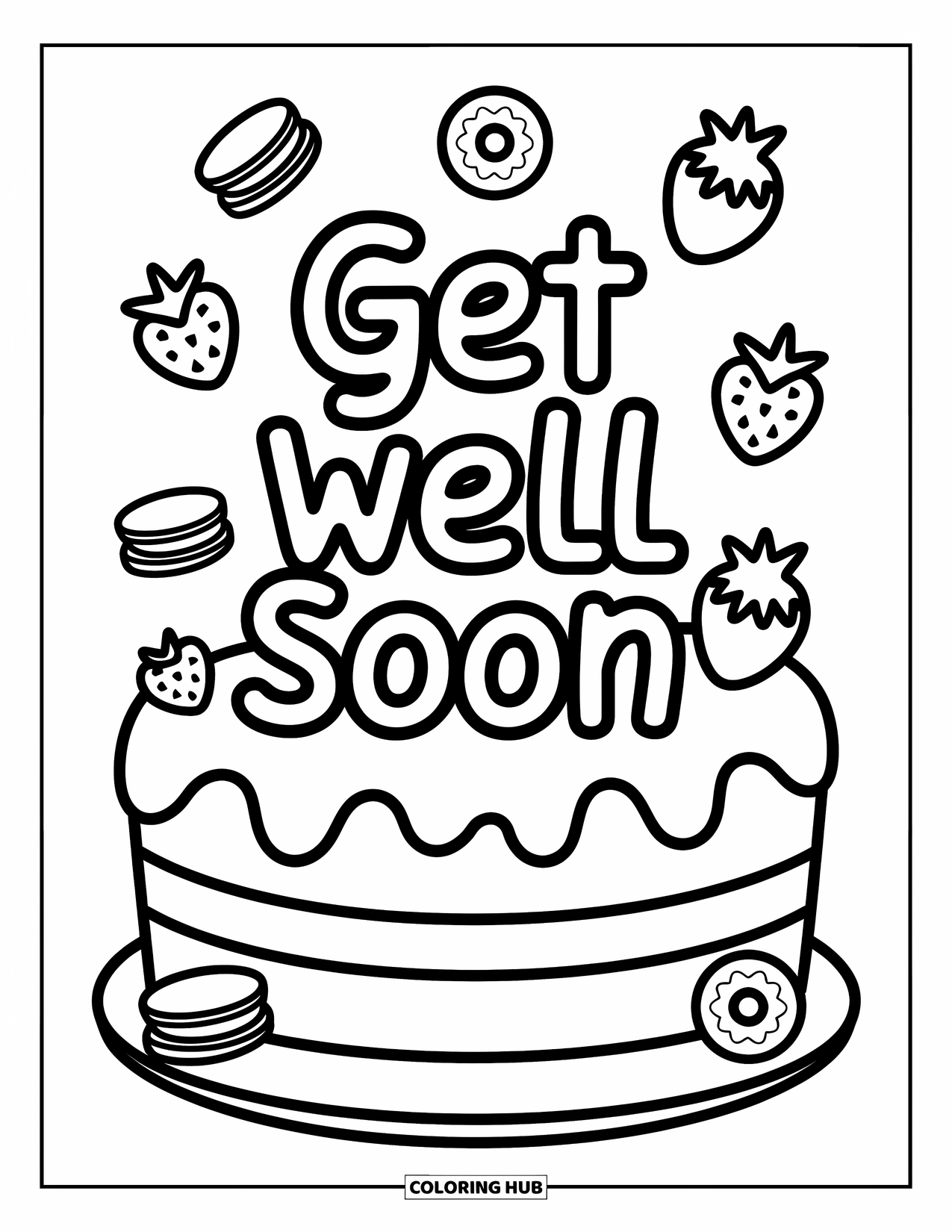 Get Well Soon Coloring Page for Adults: Sweet treats and cake deliver a cozy "Get Well Soon" hug