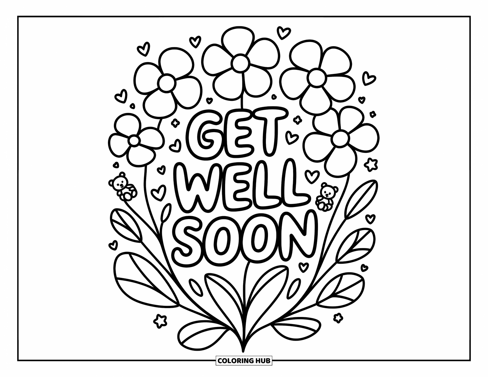 Get Well Soon Coloring Page for Adults: Whimsical flower bouquet hugs a cheerful "Get Well Soon" note with teddy bears and hearts