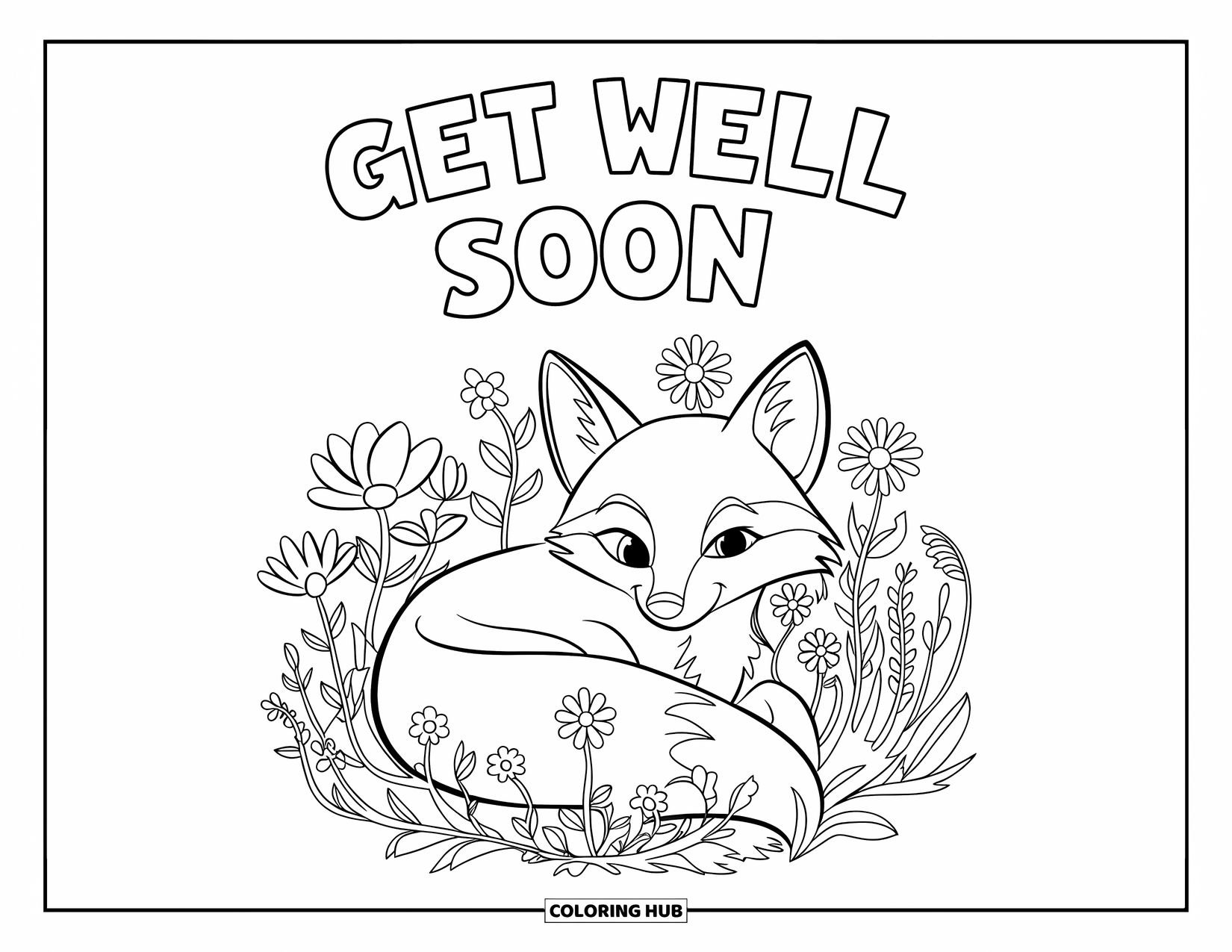 Get Well Soon Coloring Page for Kids: A snuggly fox curls up in flowers under sweet get-well wishes