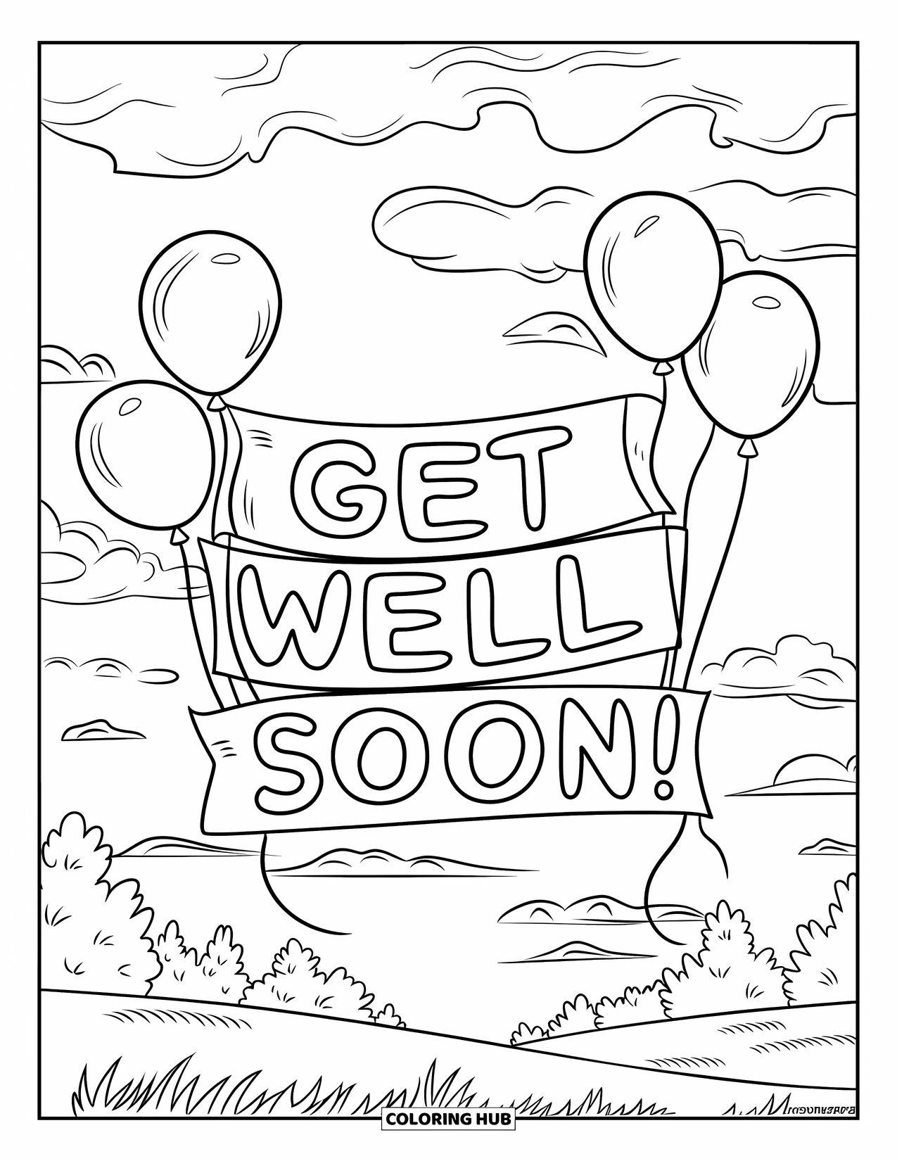 Get Well Soon Coloring Page for Kids: Balloons fly over a grassy field, carrying a "Get Well Soon" banner