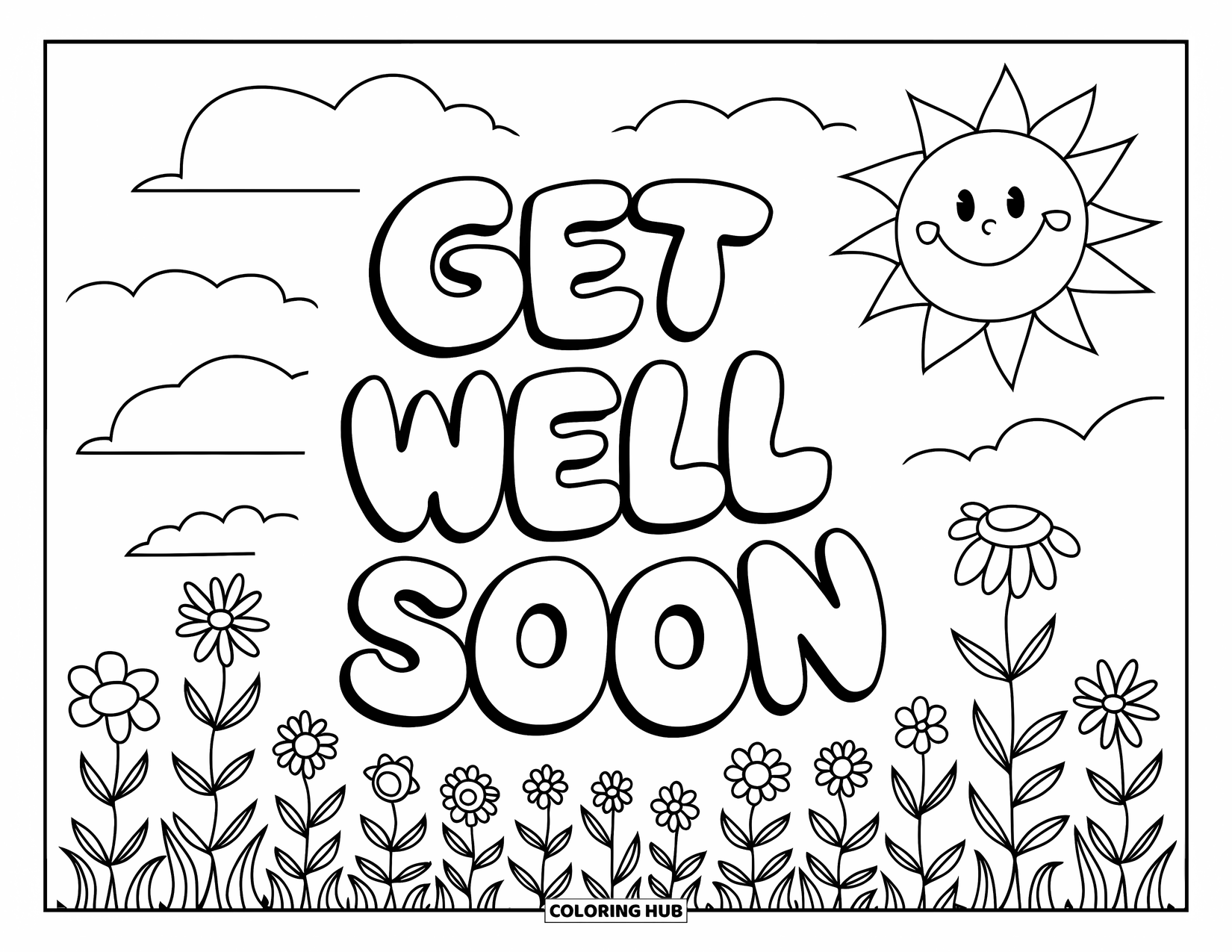 Get Well Soon Coloring Page for Kids: Bubble-lettered love floats under a sunny sky of clouds