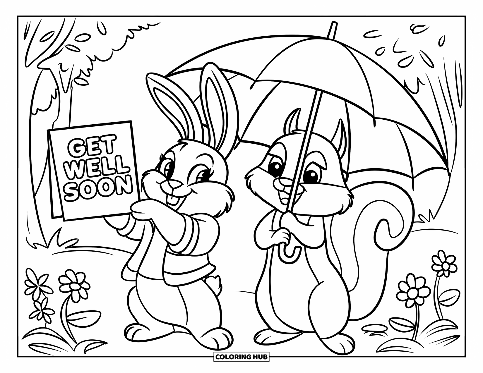 Get Well Soon Coloring Page for Kids: Bunny and squirrel cheerfully lift a "Get Well Soon" sign on a breezy day