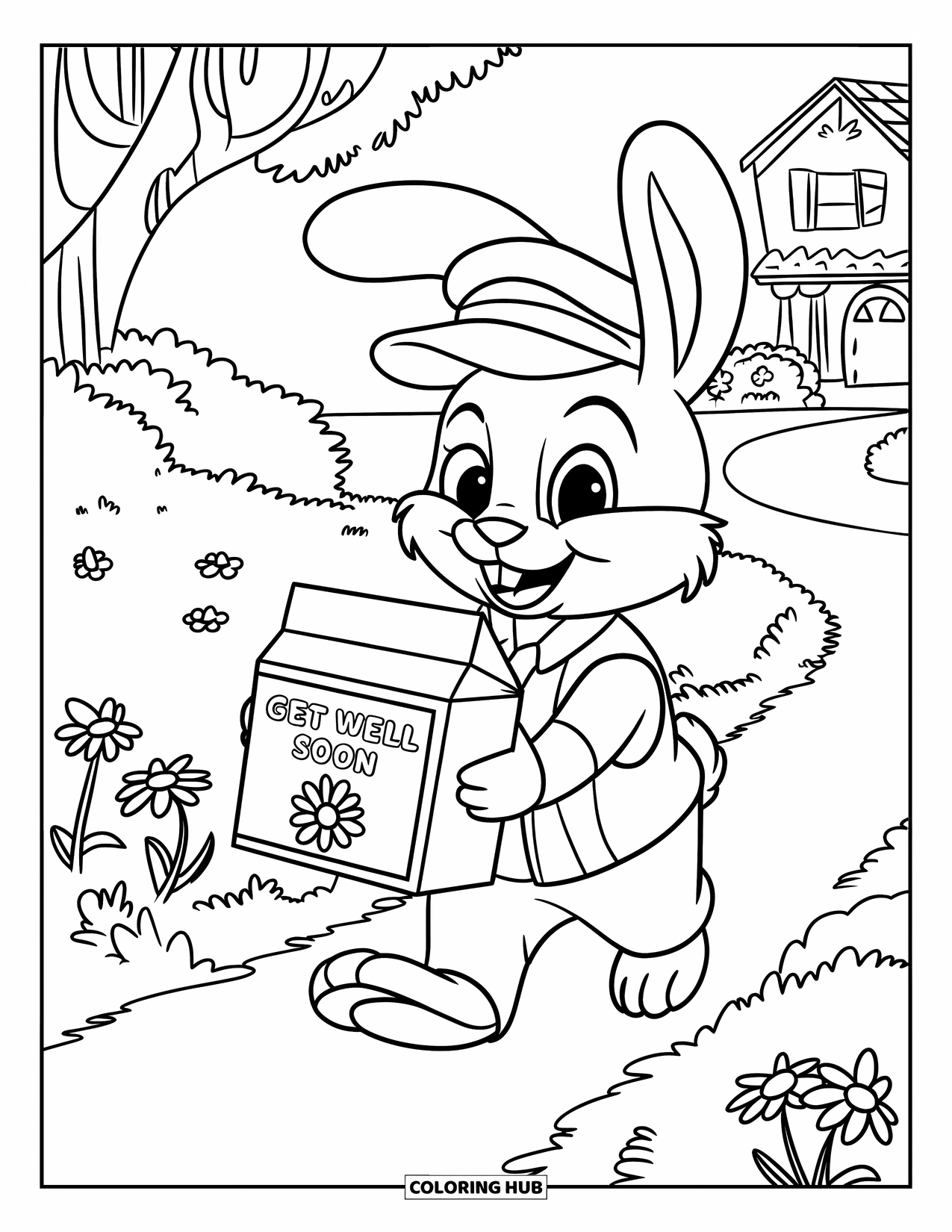 Get Well Soon Coloring Page for Kids: Bunny brings flowers and a heartfelt card along a sunny trail