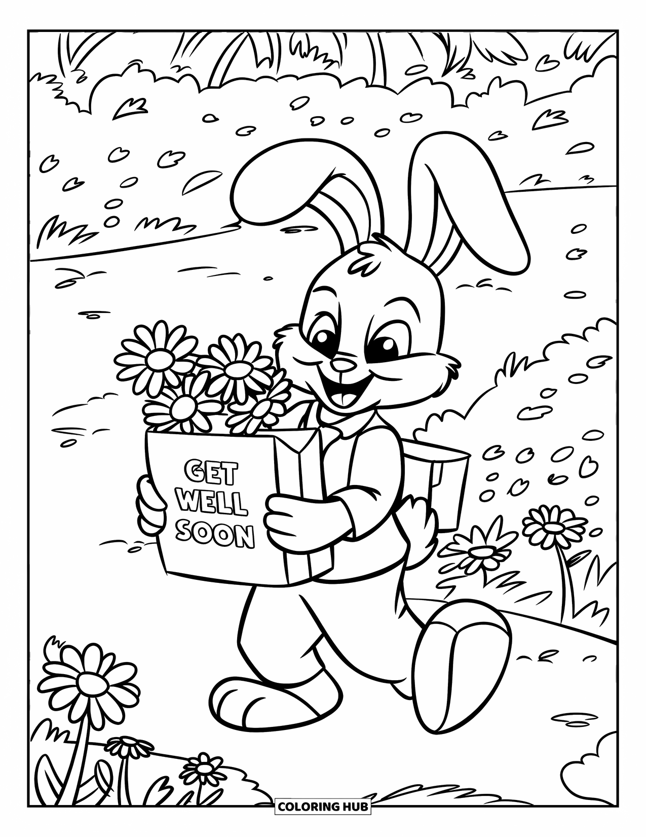 Get Well Soon Coloring Page for Kids: Bunny delivers love and daisies with a cheerful "Get Well Soon" smile