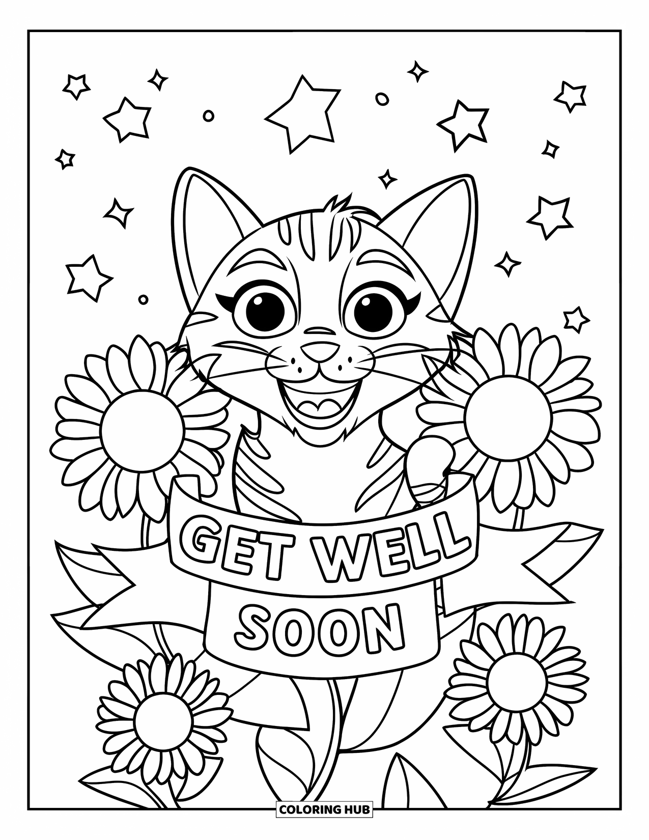 Get Well Soon Coloring Page for Kids: Cheerful cat rests near blooming sunflowers and floating stars