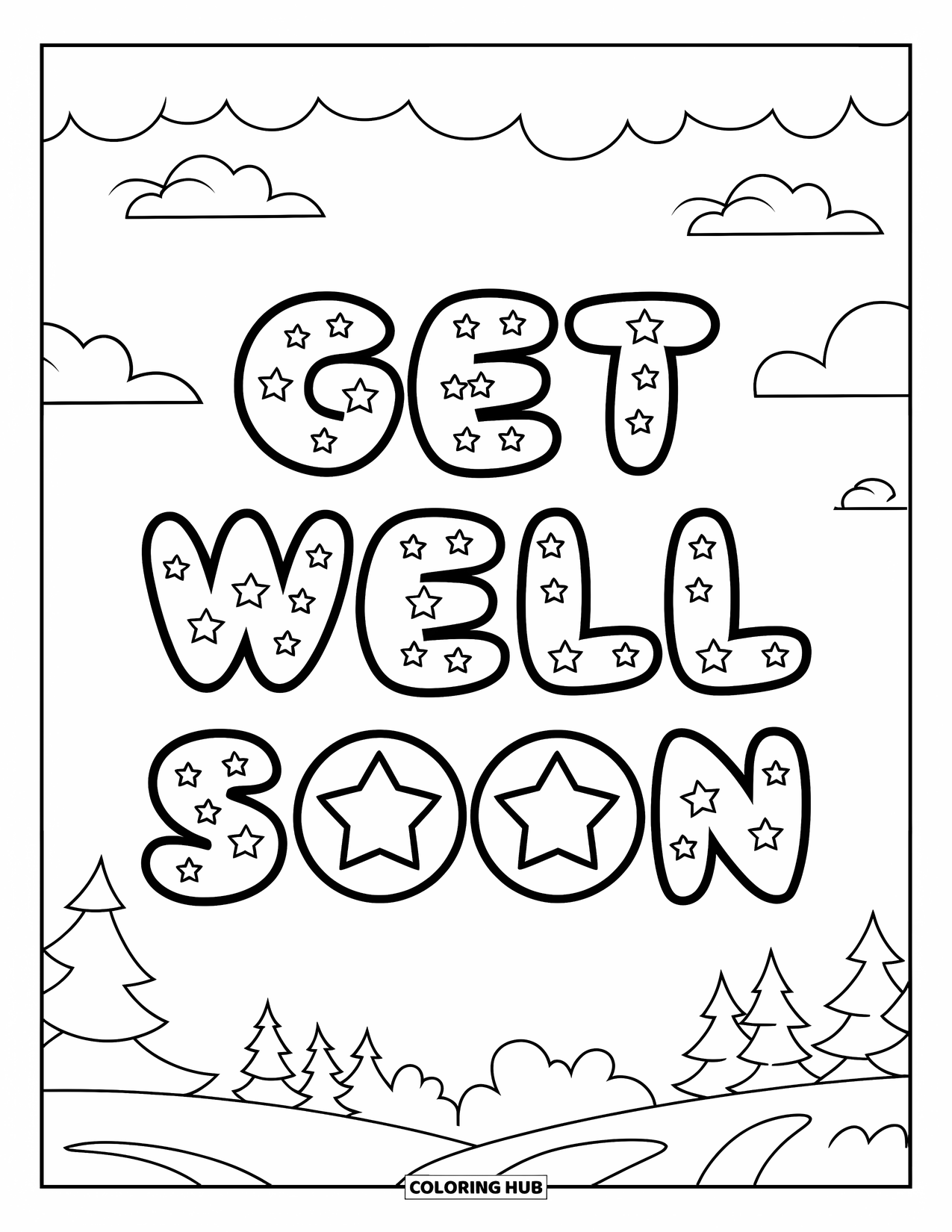 Get Well Soon Coloring Page for Kids: Cloudy sky with star-shaped "Get Well Soon" floating among the clouds