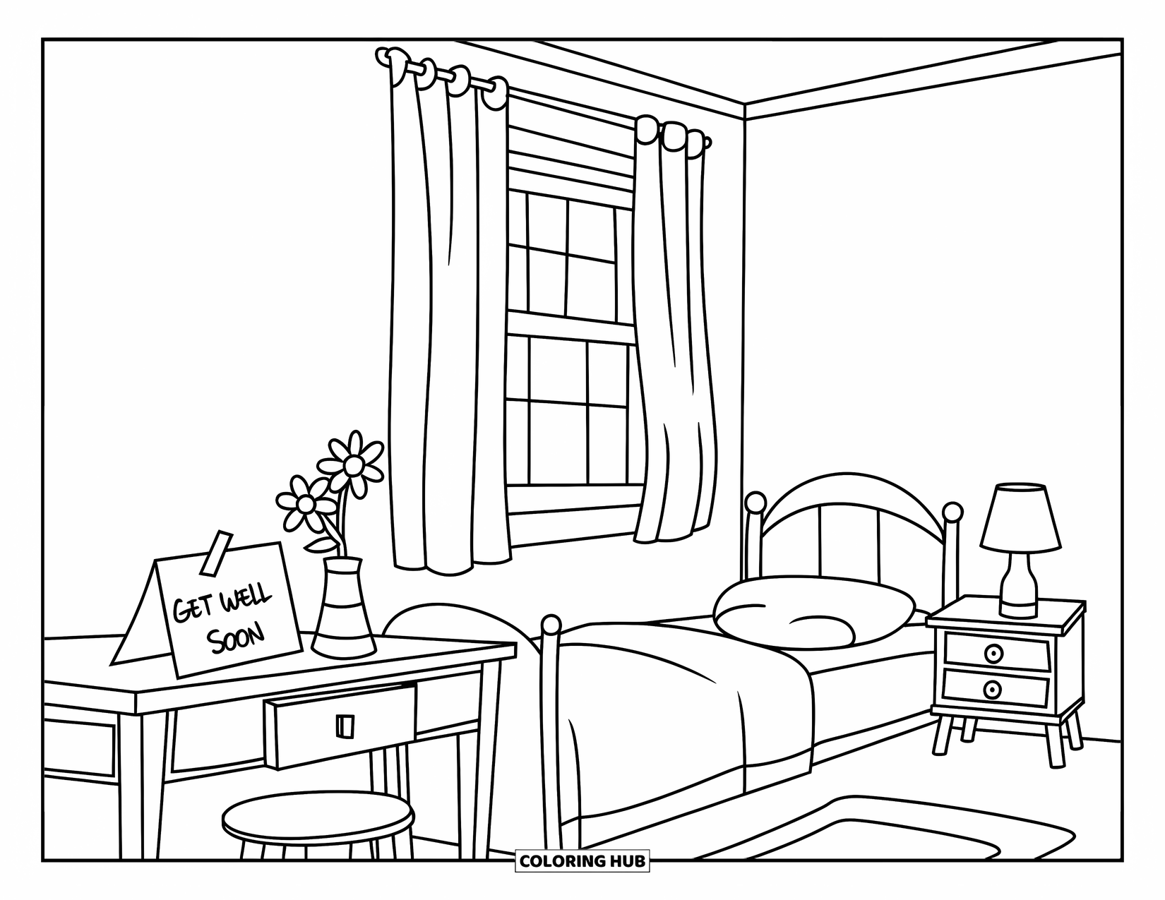Get Well Soon Coloring Page for Kids: Cozy bed and lamp beside a desk holding a "Get Well Soon" note