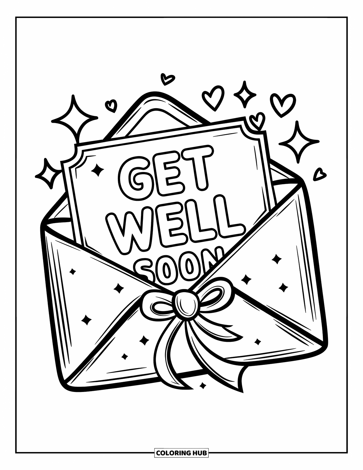 Get Well Soon Coloring Page for Kids: Envelope with ribbon and stars reveals a cheerful "Get Well Soon" message