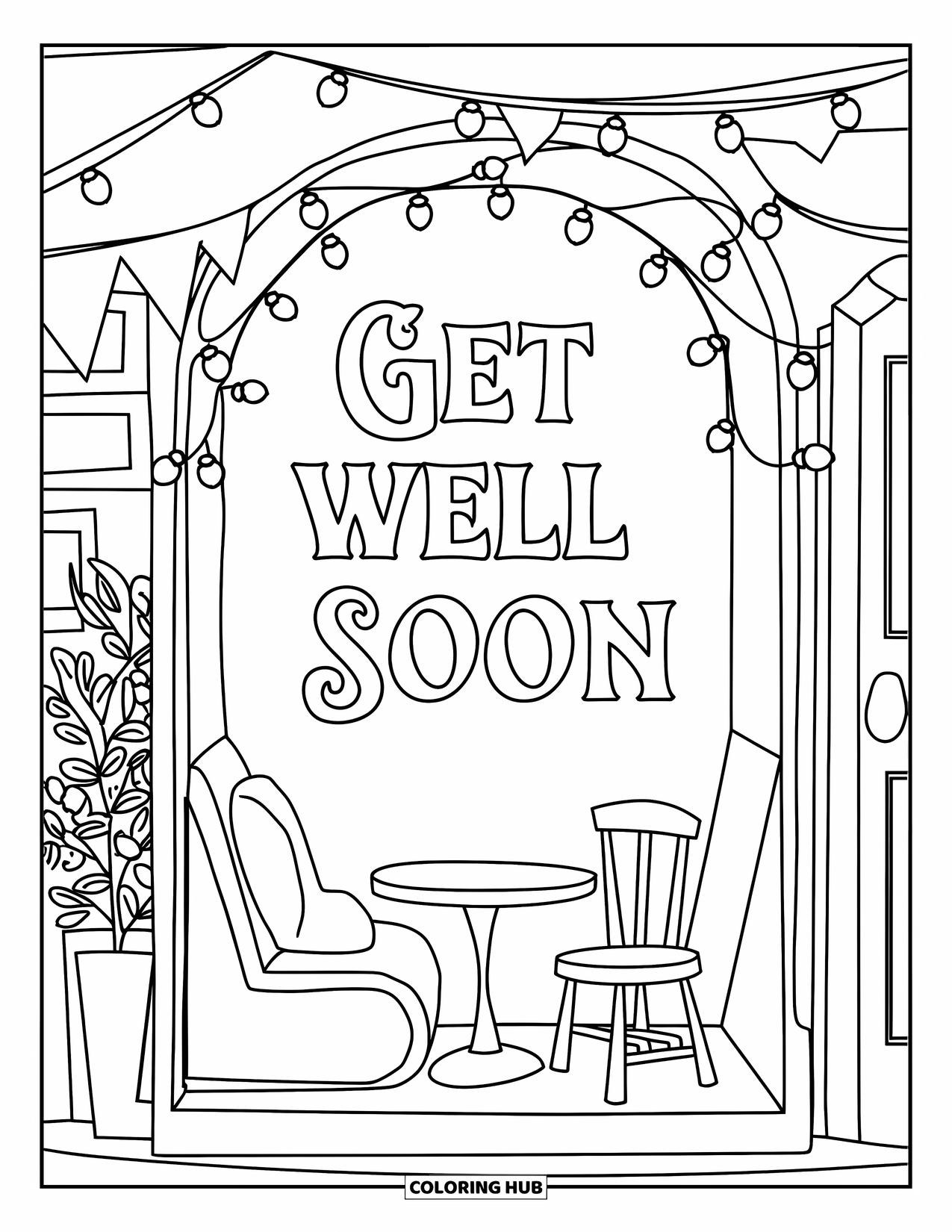 Get Well Soon Coloring Page for Kids: Fairy-lit corner with books and a calm "Get Well Soon" wish on the wall