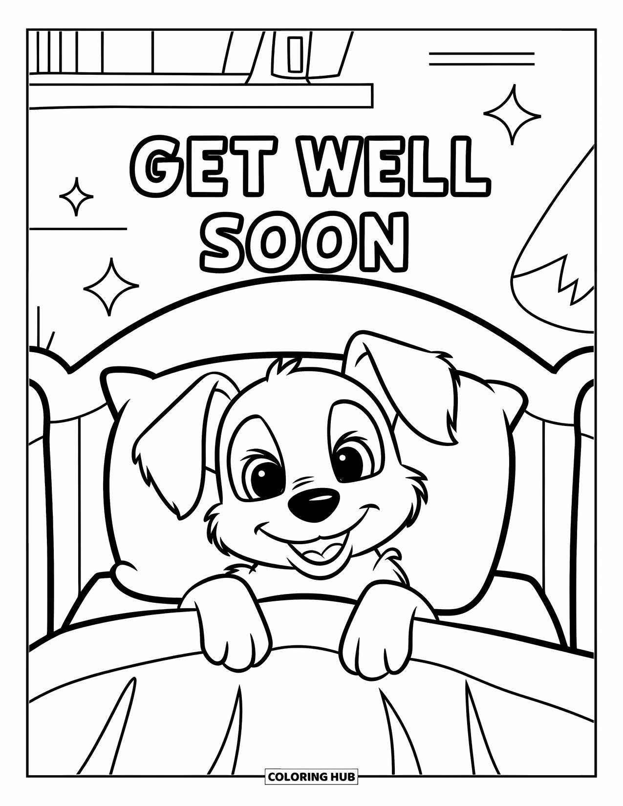 Get Well Soon Coloring Page for Kids: Floppy-eared puppy rests with a card floating overhead