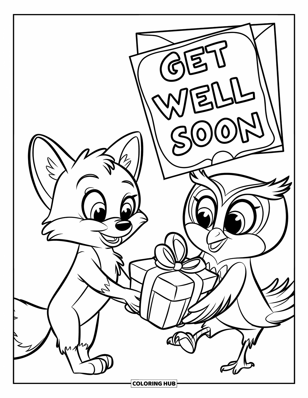 Get Well Soon Coloring Page for Kids: Fox and owl hold a card and gift saying "Get Well Soon" on a clear field
