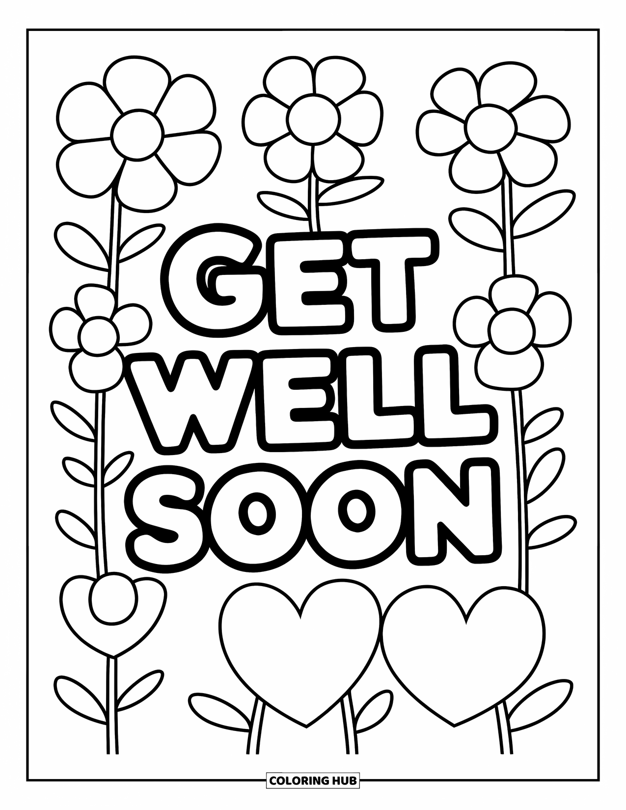Get Well Soon Coloring Page for Kids: Happy shapes and loving words brighten the page with cheer