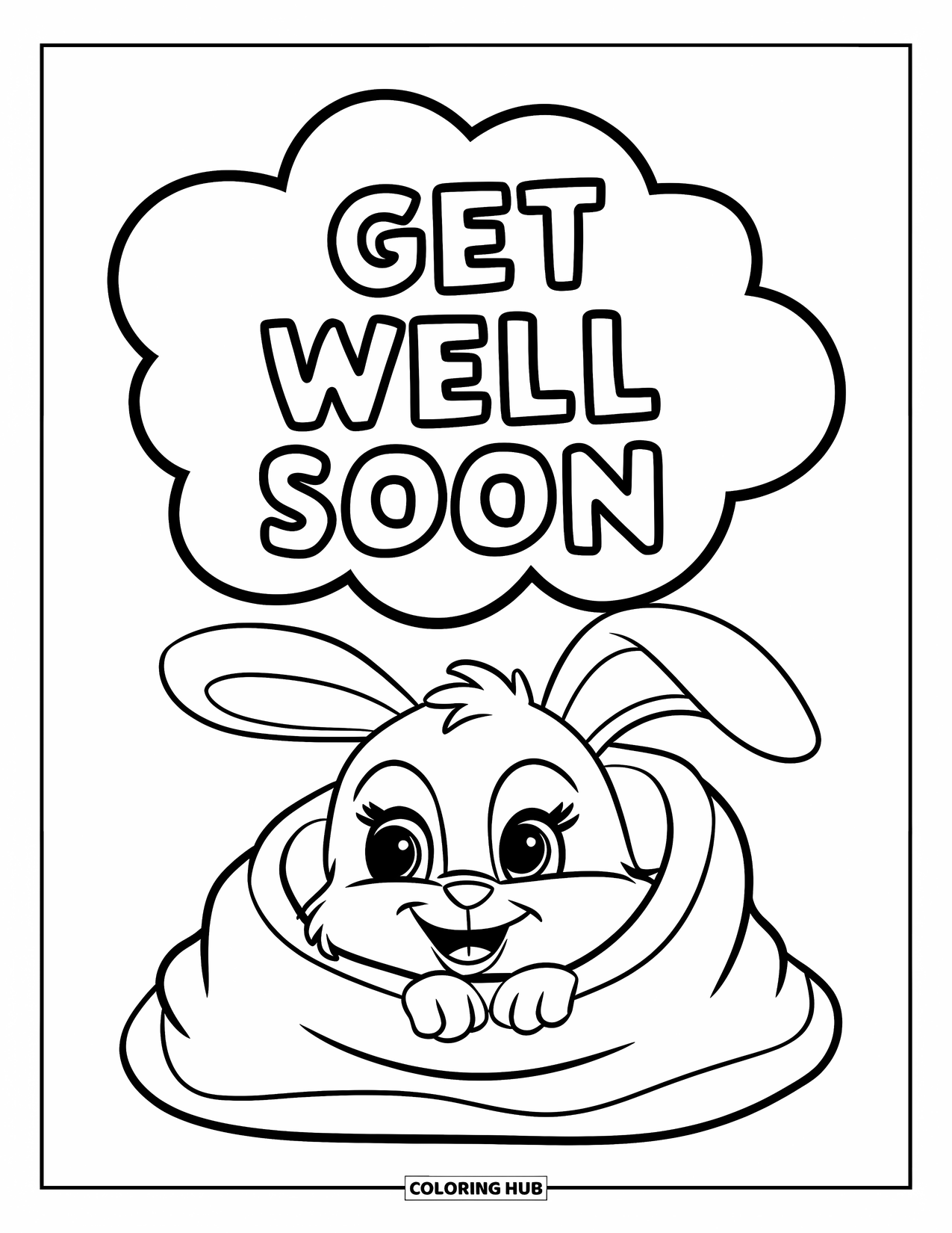 Get Well Soon Coloring Page for Kids: Little bunny in bed receives cozy sky-written get-well love
