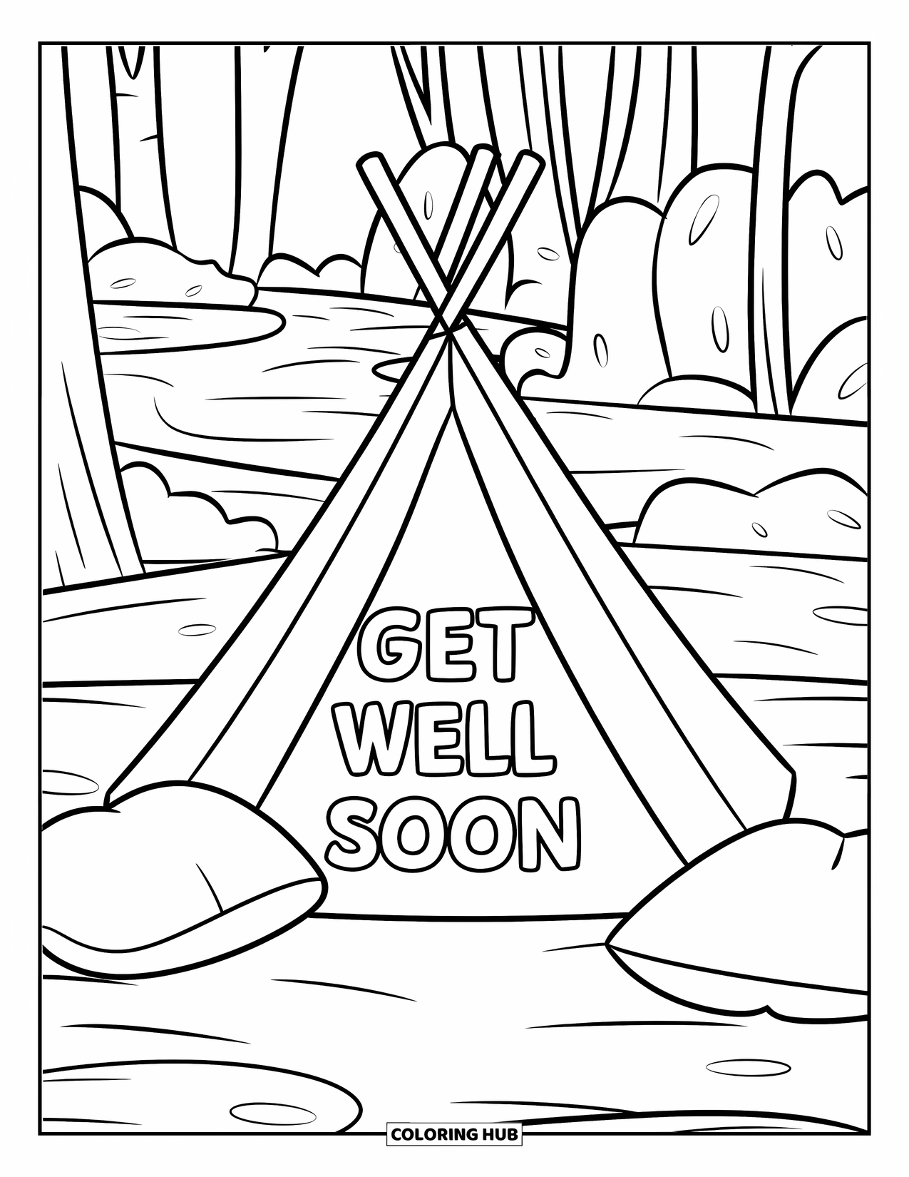 Get Well Soon Coloring Page for Kids: Pillow fort in the woods with glowing "Get Well Soon" lights inside