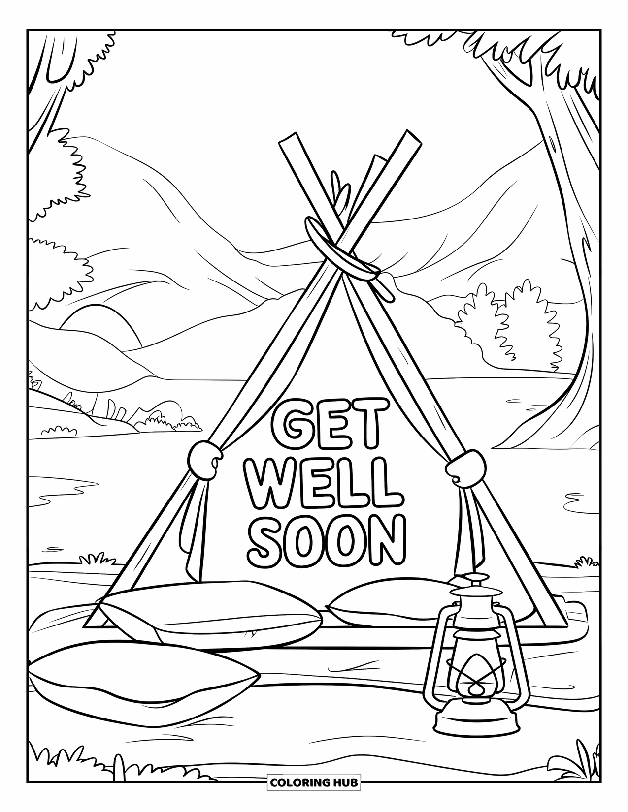Get Well Soon Coloring Page for Kids: Pillow tent glows warmly with a "Get Well Soon" message tucked inside