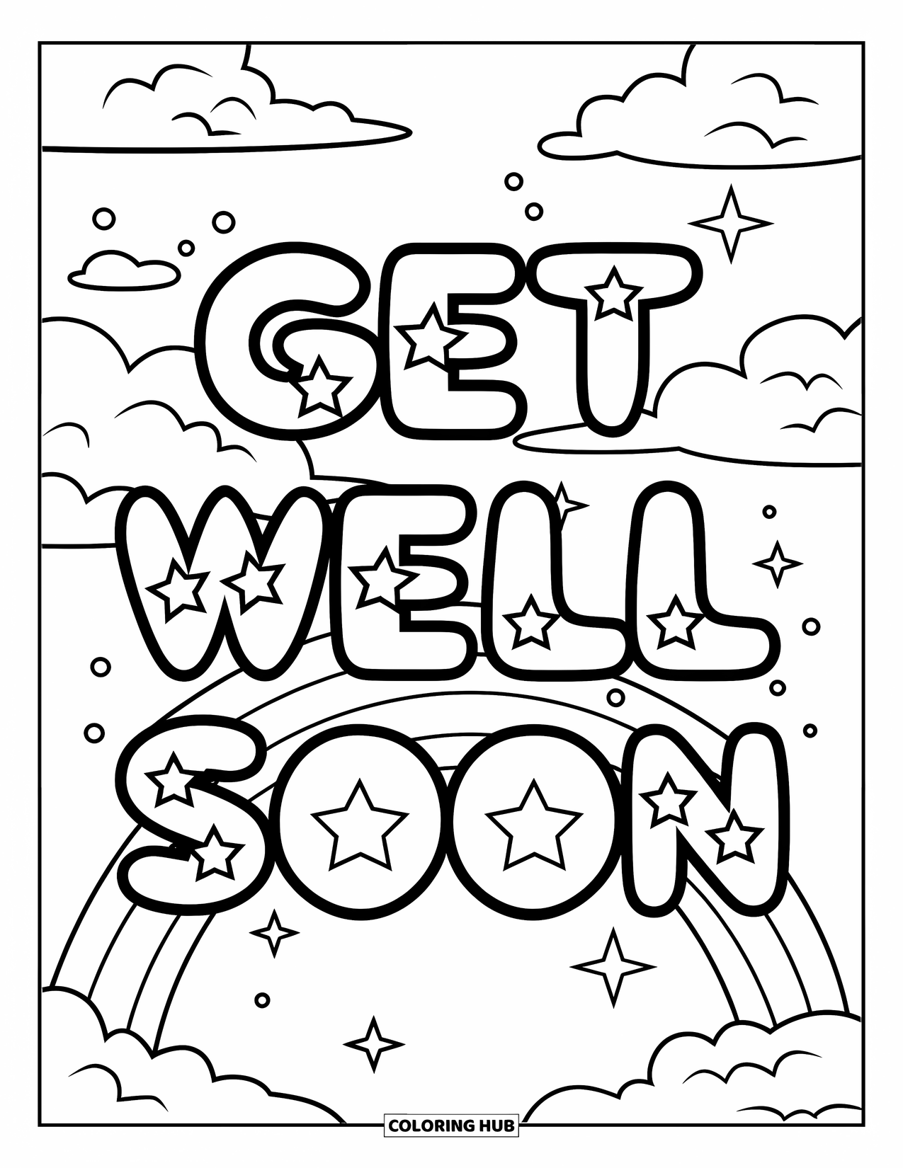 Get Well Soon Coloring Page for Kids: Rainbow arches above star letters spelling "Get Well Soon" in the clouds