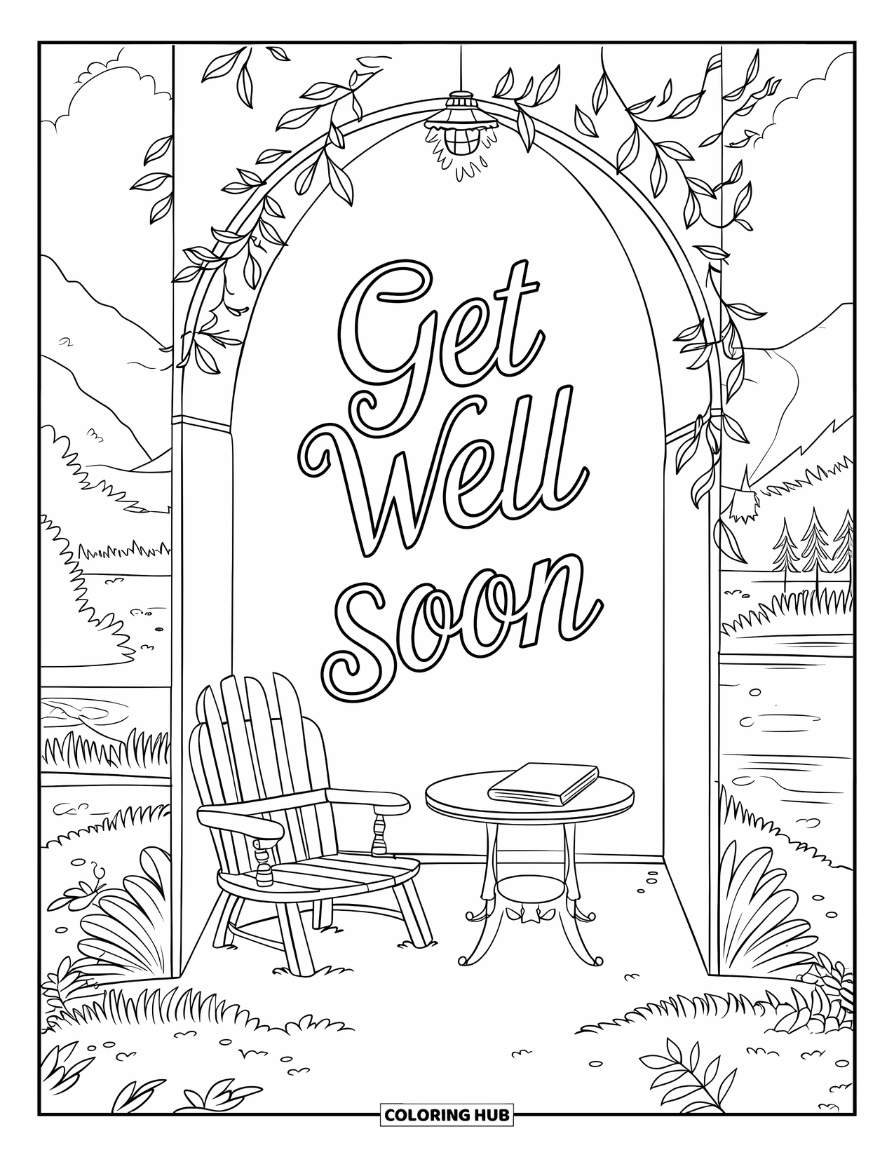 Get Well Soon Coloring Page for Kids: Reading nook with fairy lights and a soft "Get Well Soon" message on the wall