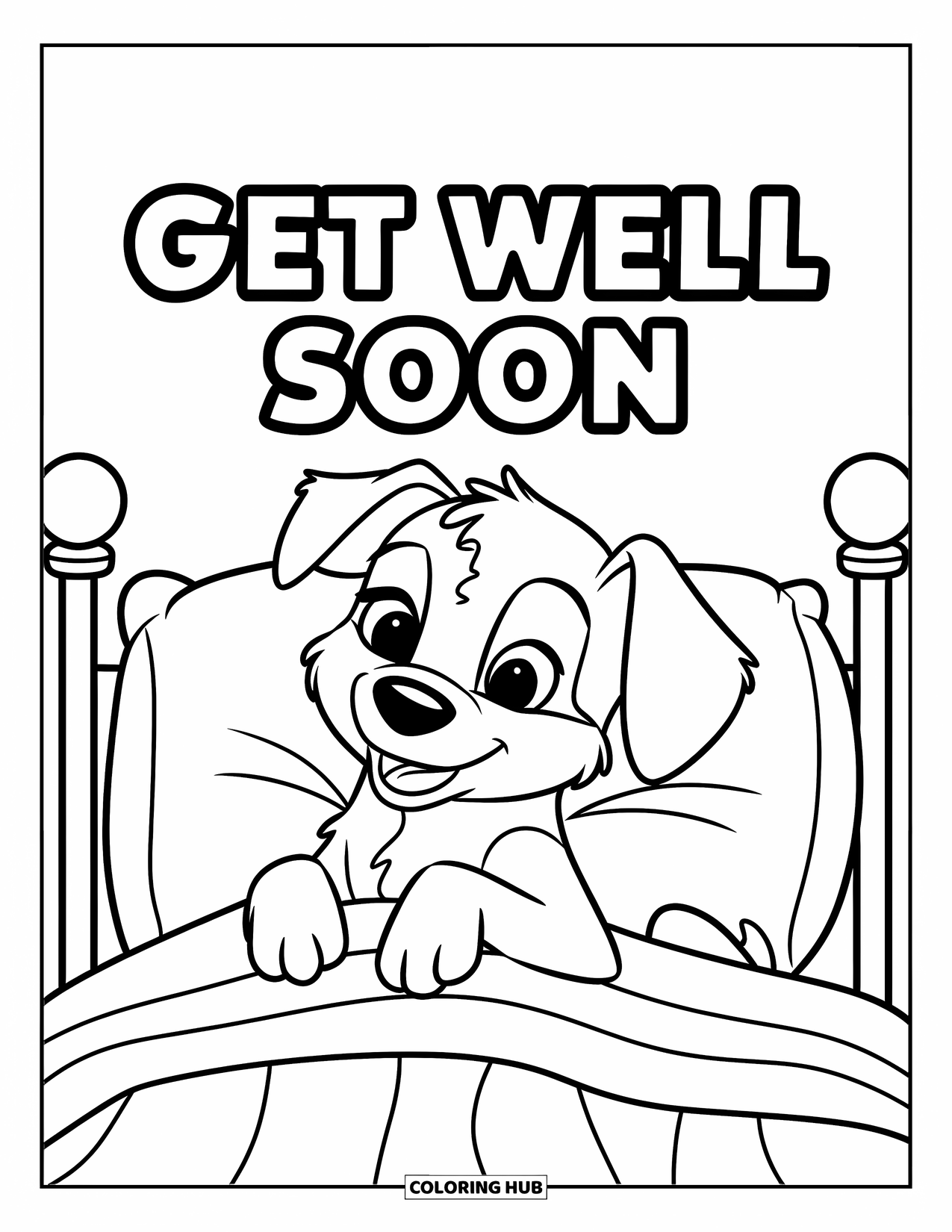 Get Well Soon Coloring Page for Kids: Sleepy puppy smiles in bed under friendly get-well words