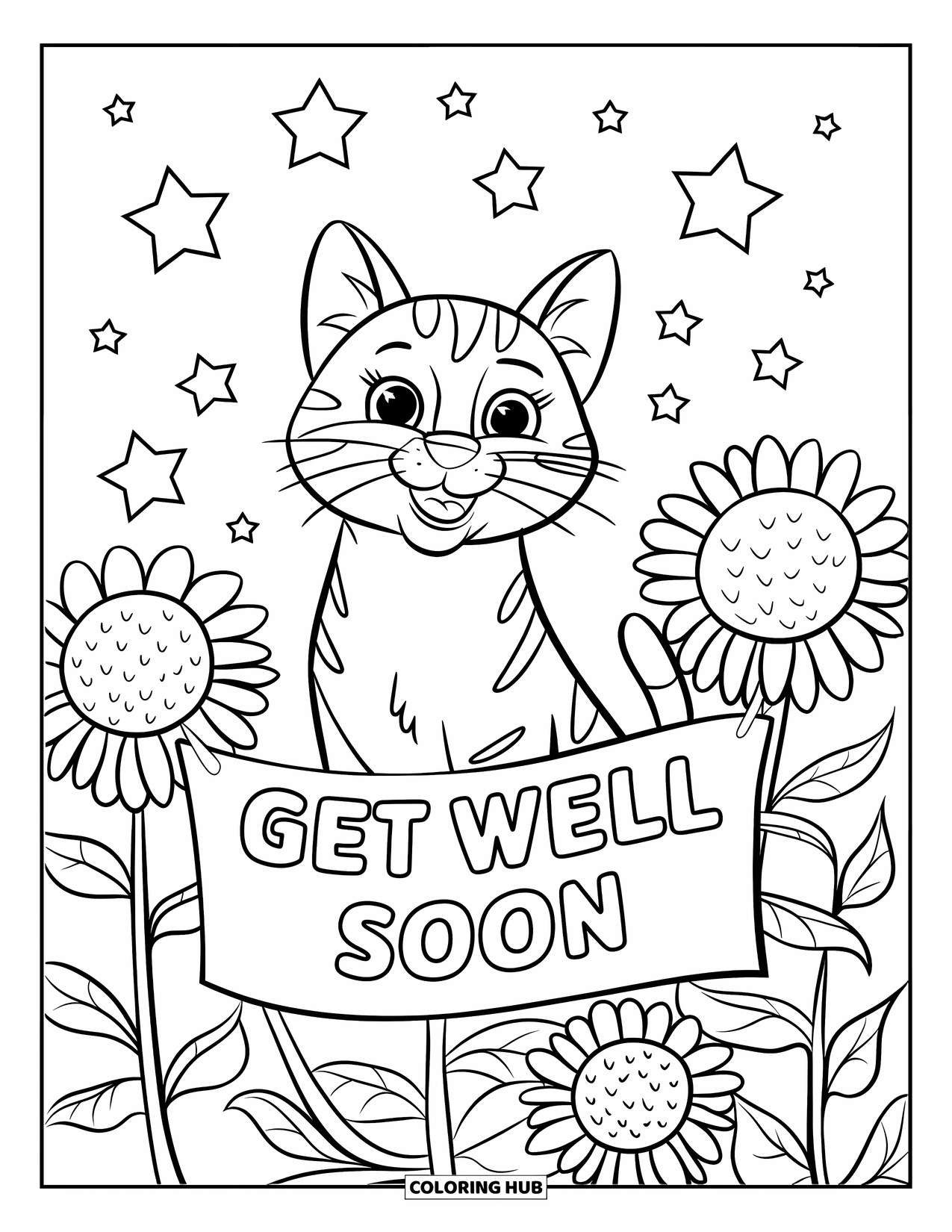 Get Well Soon Coloring Page for Kids: Smiling cat hugs a banner surrounded by stars and sunflowers