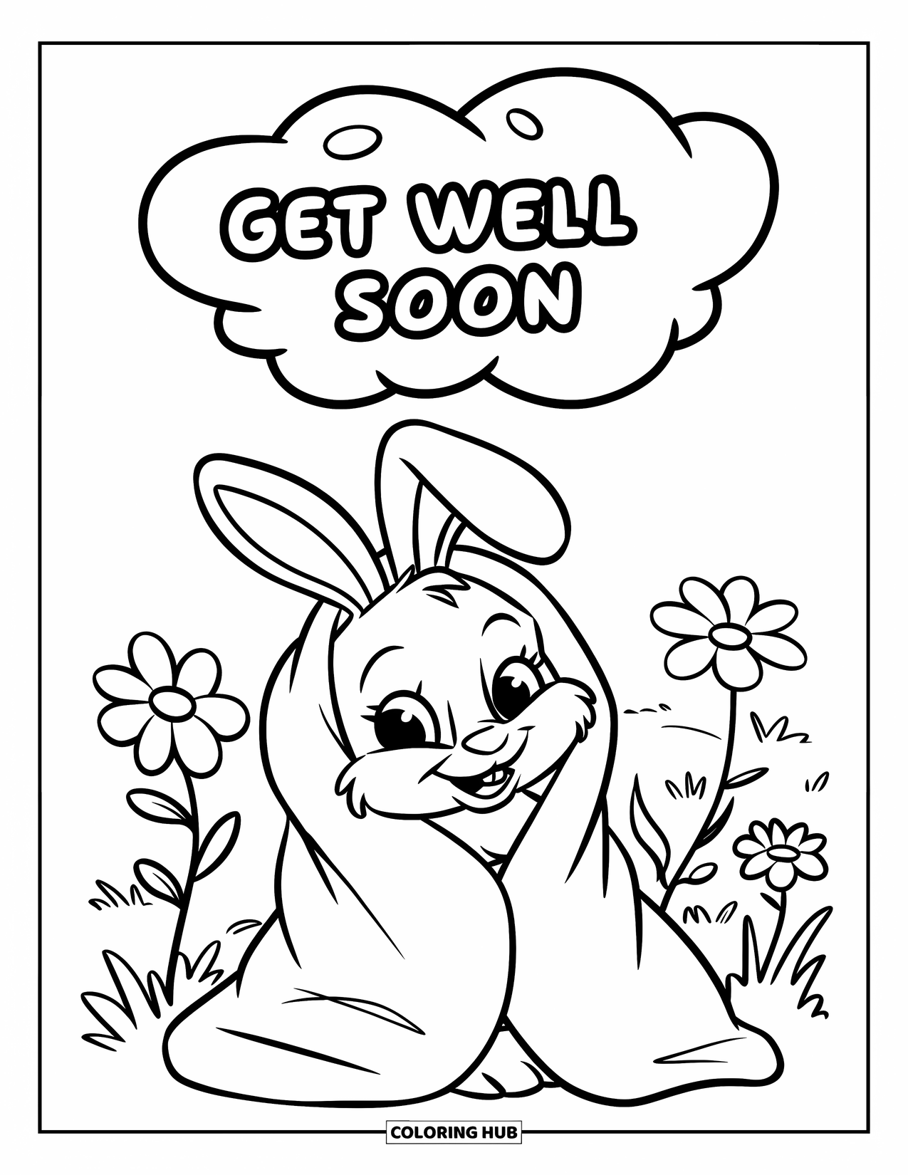 Get Well Soon Coloring Page for Kids: Snuggled bunny smiles below a floating message in the forest