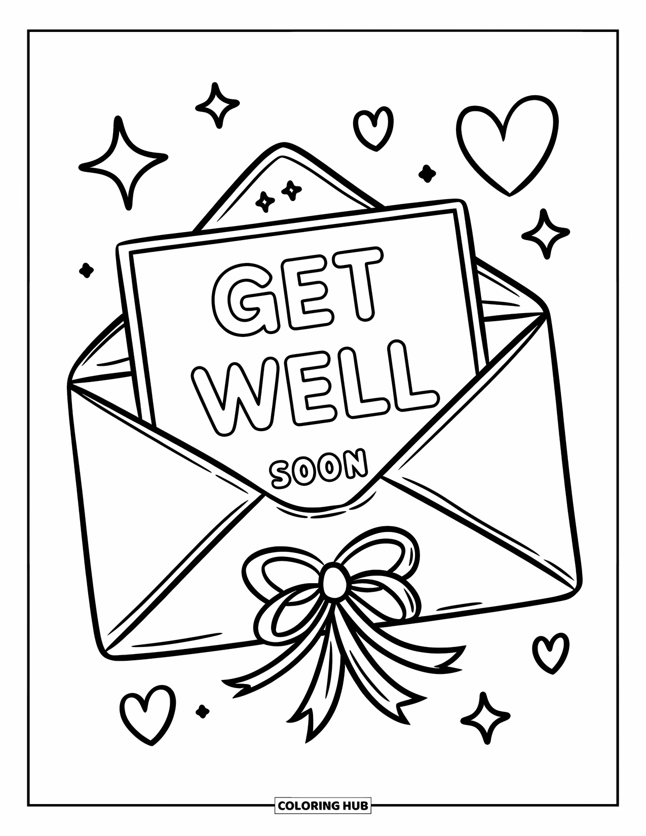 Get Well Soon Coloring Page for Kids: Sparkly envelope with hearts and a "Get Well Soon" letter in bold letters
